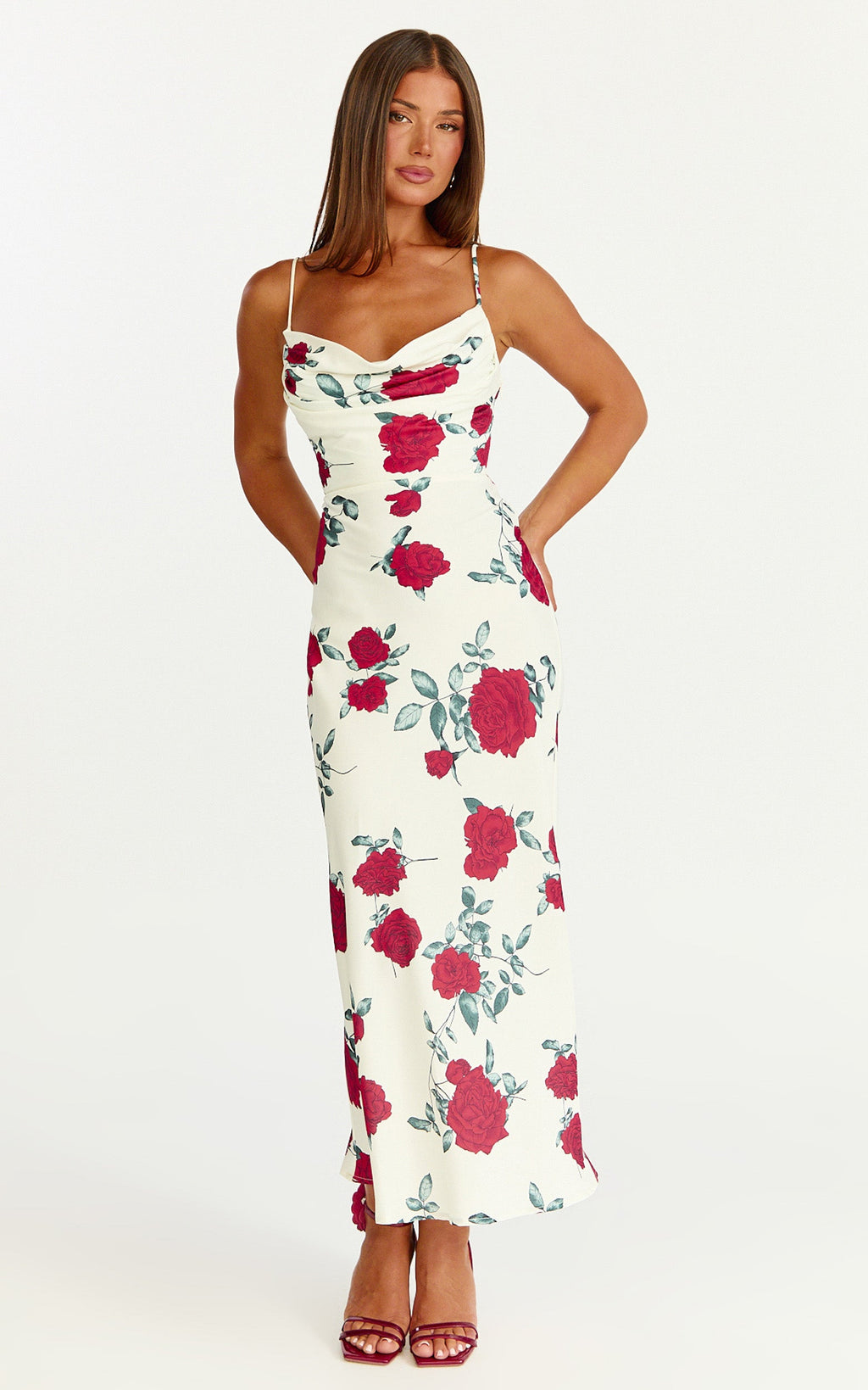 Dahlia Midi Elbise - Degaje Yaka A Kesim Elbise - Scarlet Rose Desenli