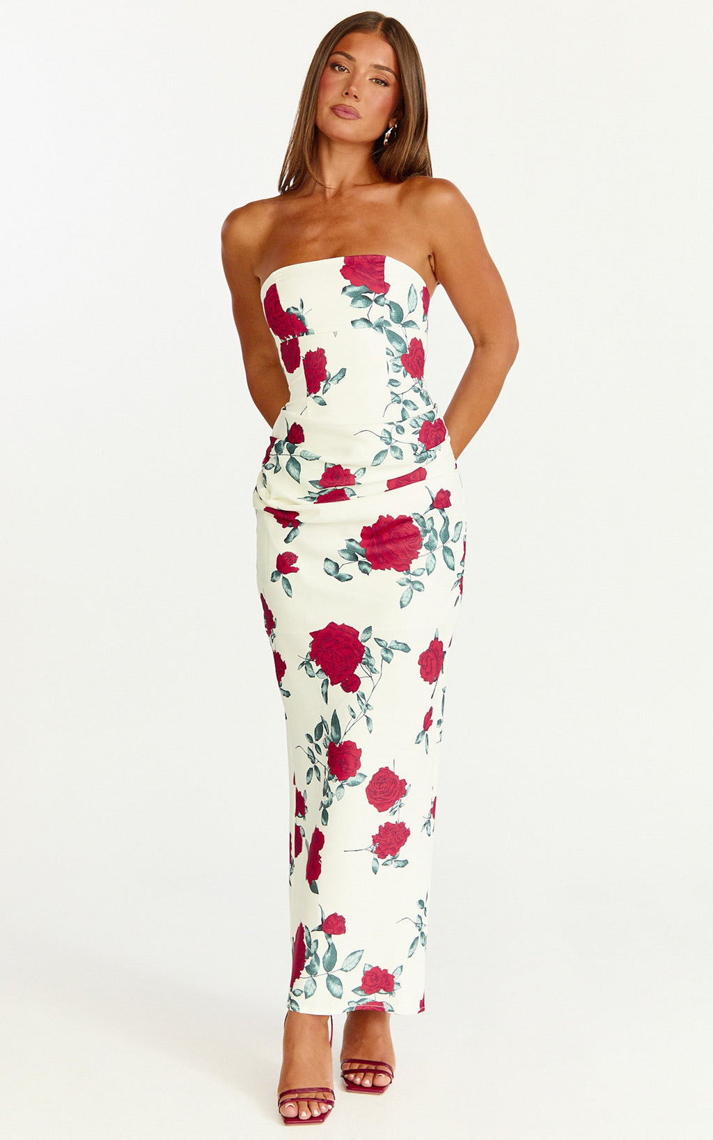 Dahlia Midi Elbise - Straplez Drapeli Degaje Bel Detaylı Dar Kesim Elbise - Scarlet Rose Desenli