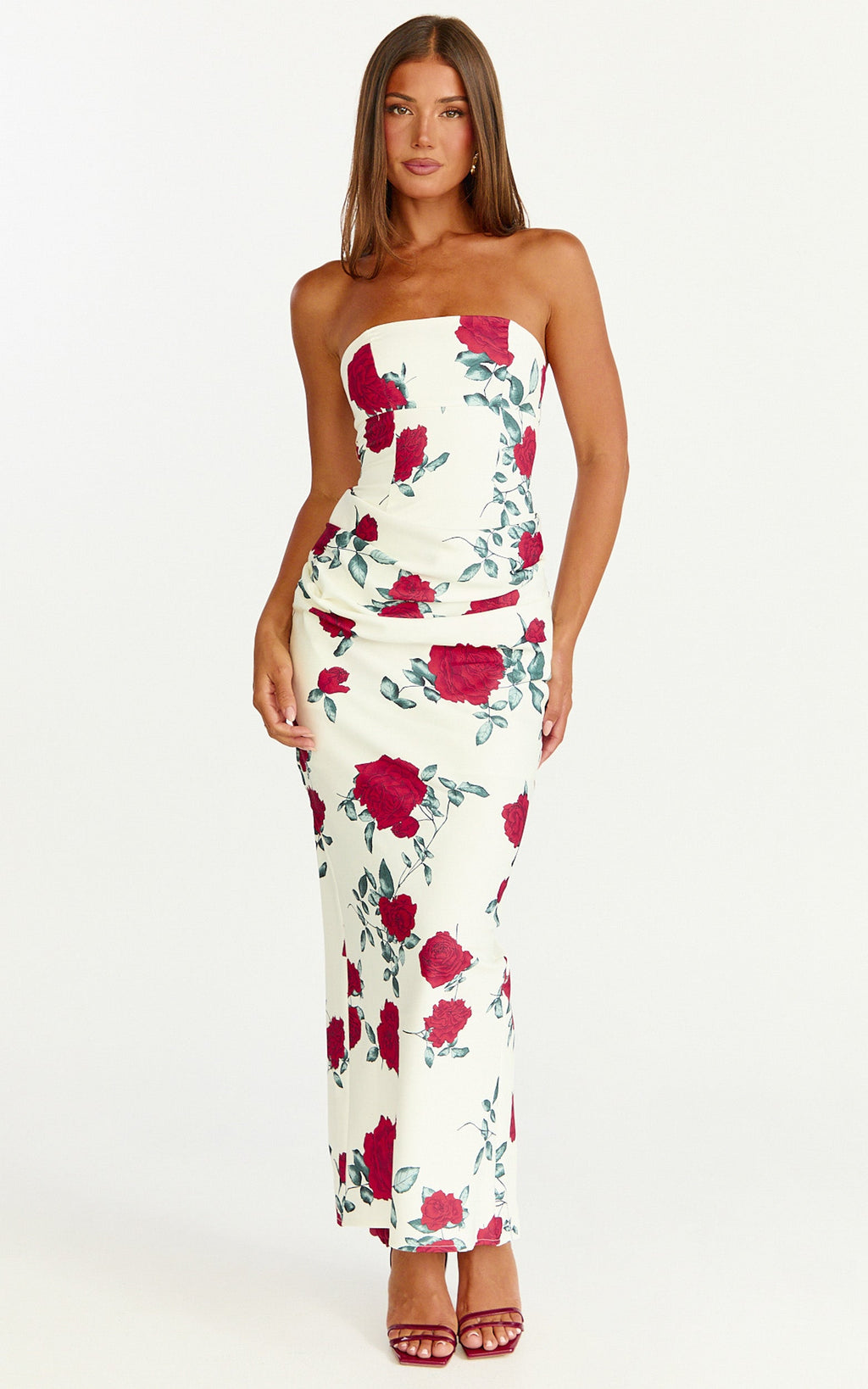 Dahlia Midi Elbise - Straplez Drapeli Degaje Bel Detaylı Dar Kesim Elbise - Scarlet Rose Desenli