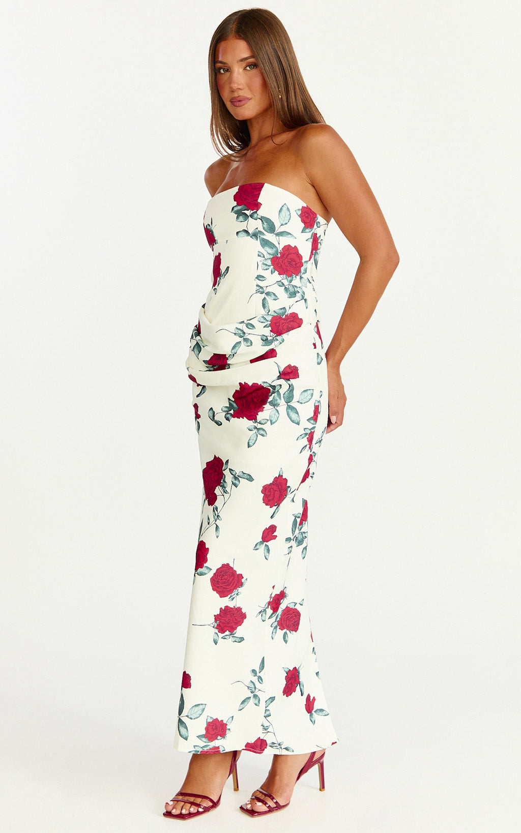 Dahlia Midi Elbise - Straplez Drapeli Degaje Bel Detaylı Dar Kesim Elbise - Scarlet Rose Desenli