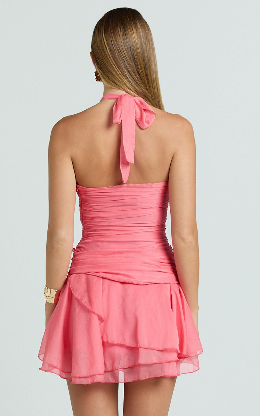 Deanna Mini Elbise - Mercan Kırışık Dokulu Boyundan Bağlamalı Asimetrik Katlı Elbise