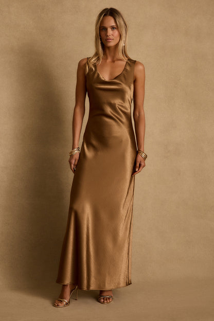 Dolce Bronz Saten Maxi Elbise