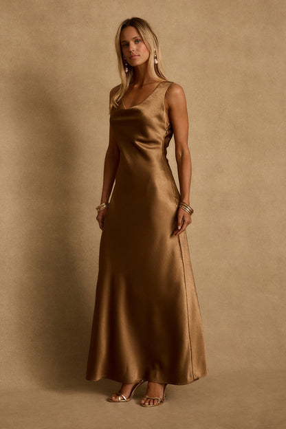 Dolce Bronz Saten Maxi Elbise