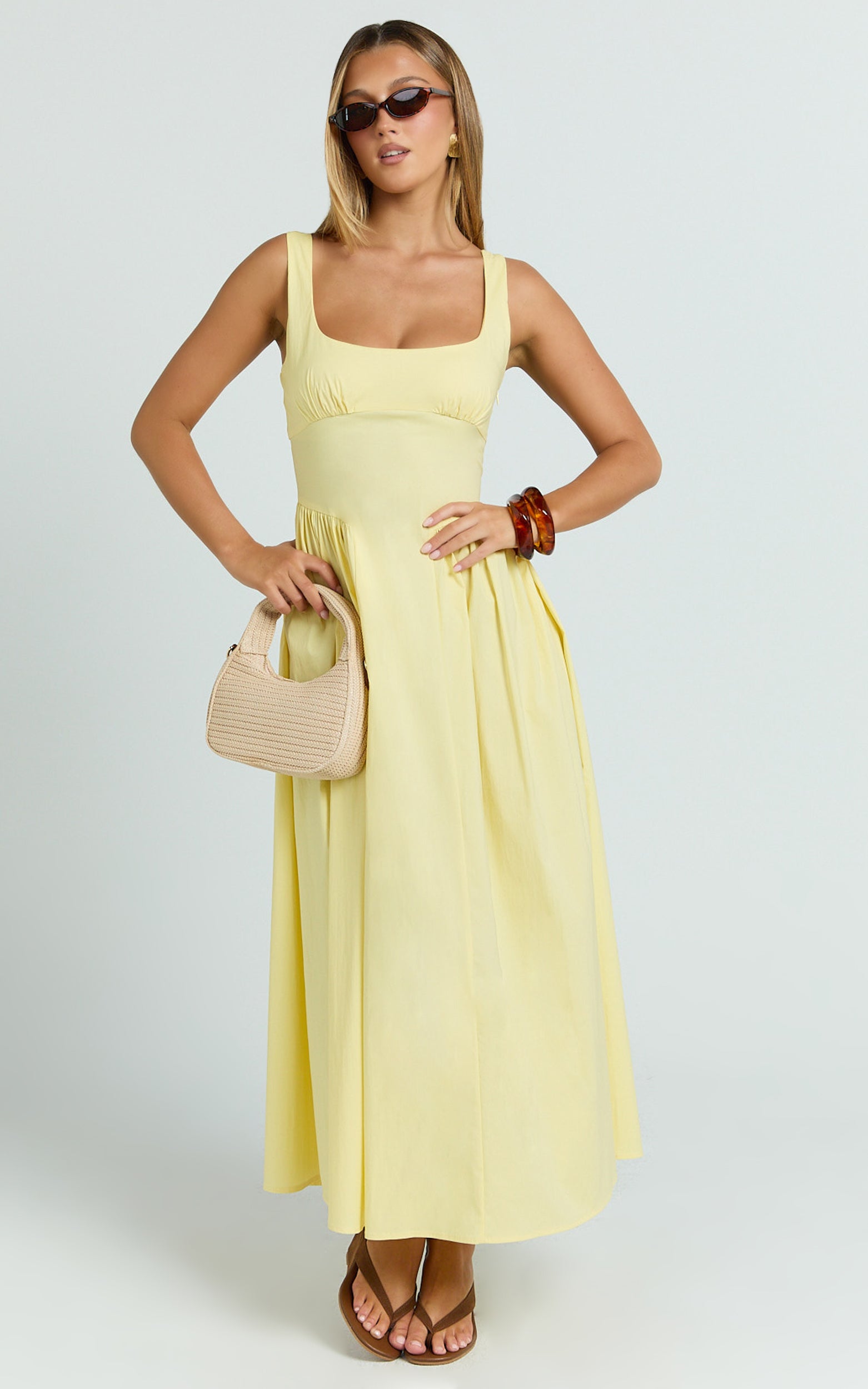 Donatella Midi Elbise - Limon Sarısı Büzgülü Göğüs Fit & Flare Elbise