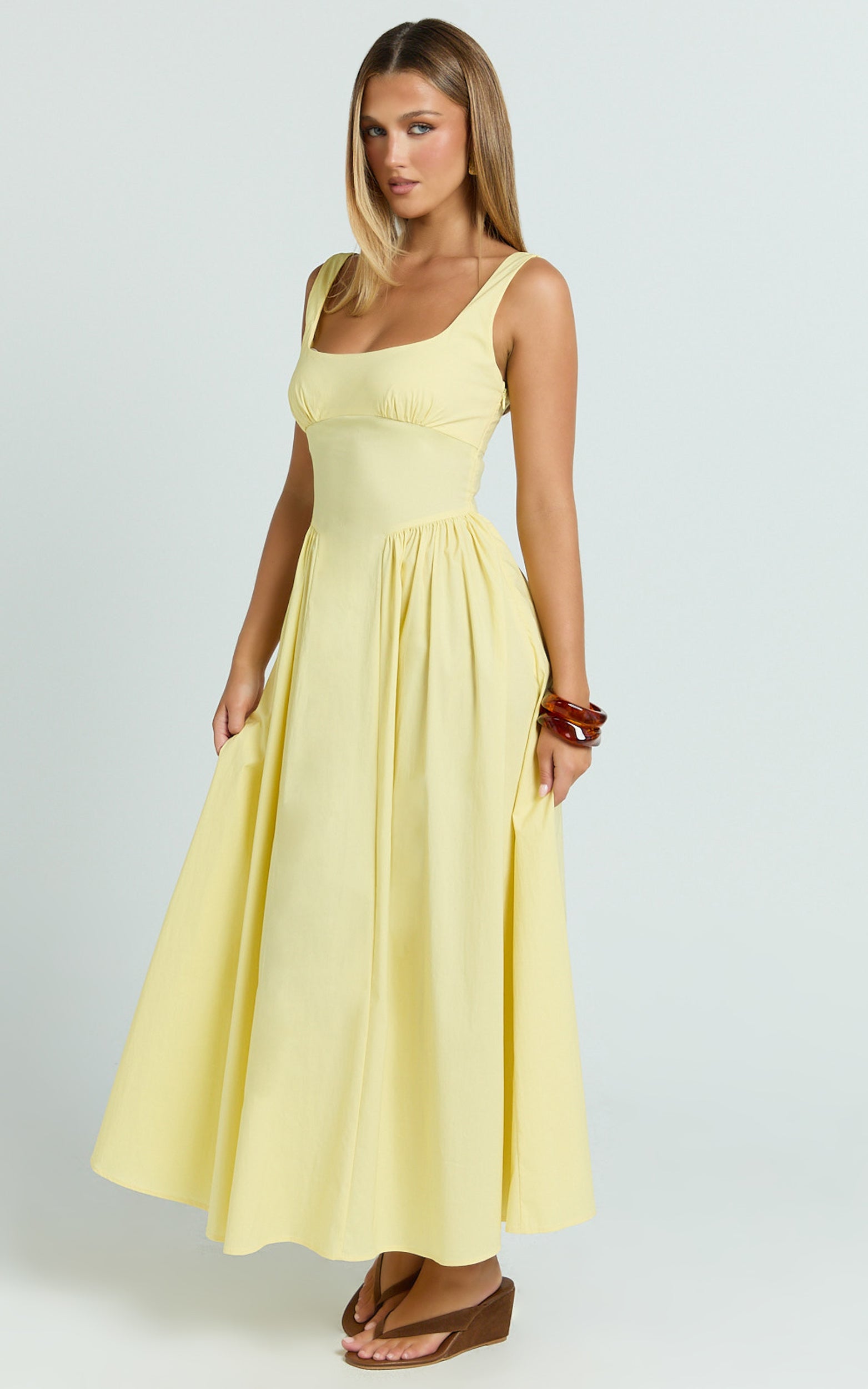 Donatella Midi Elbise - Limon Sarısı Büzgülü Göğüs Fit & Flare Elbise
