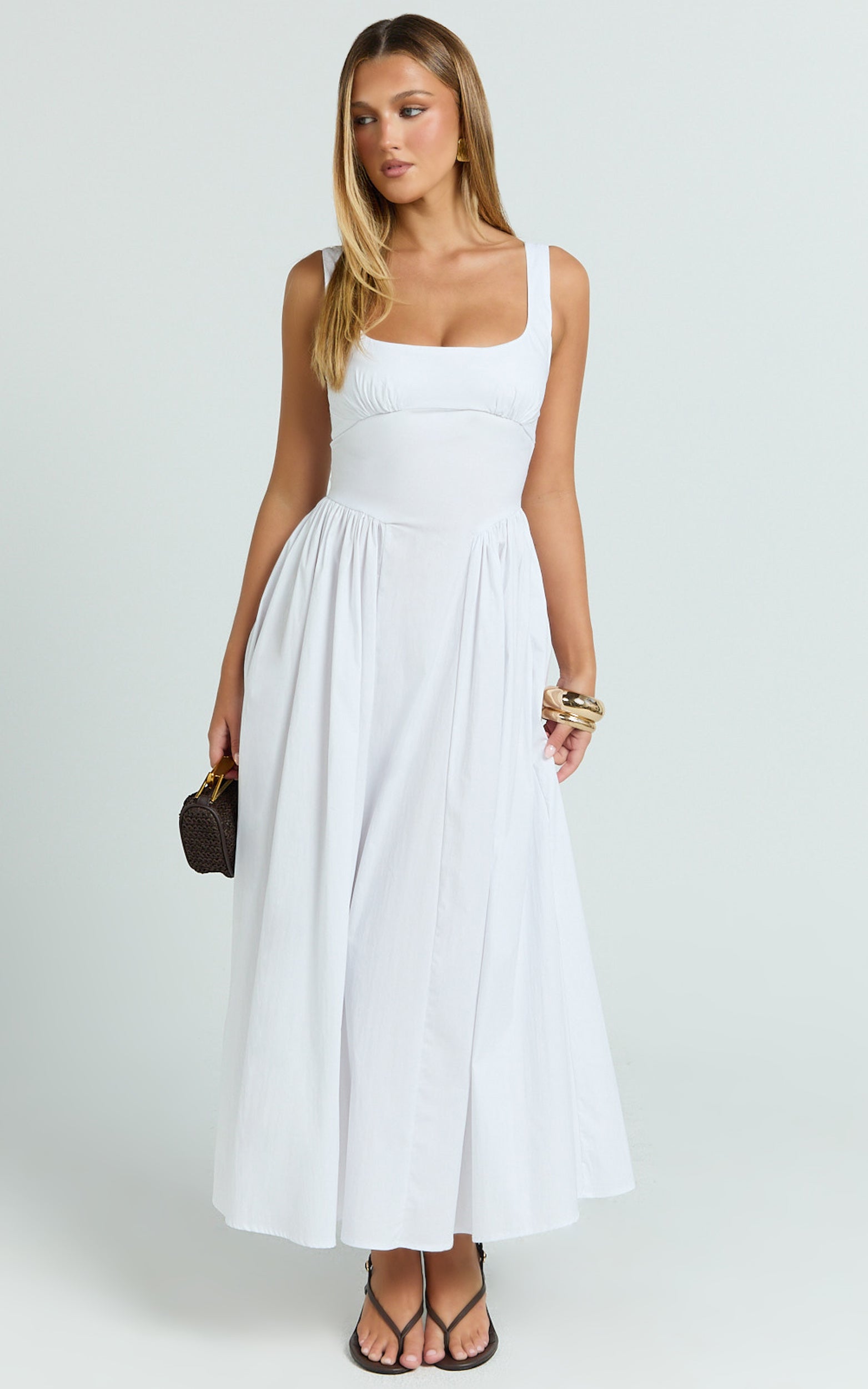Donatella Midi Elbise - Beyaz Büzgülü Göğüs Fit & Flare Elbise