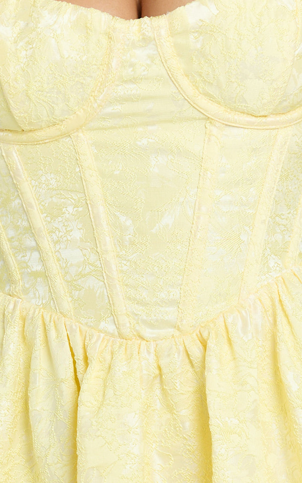 Eden Mini Elbise - Sarı Jakarlı Kalp Yaka Sırtı Bağcıklı Fit & Flare Elbise