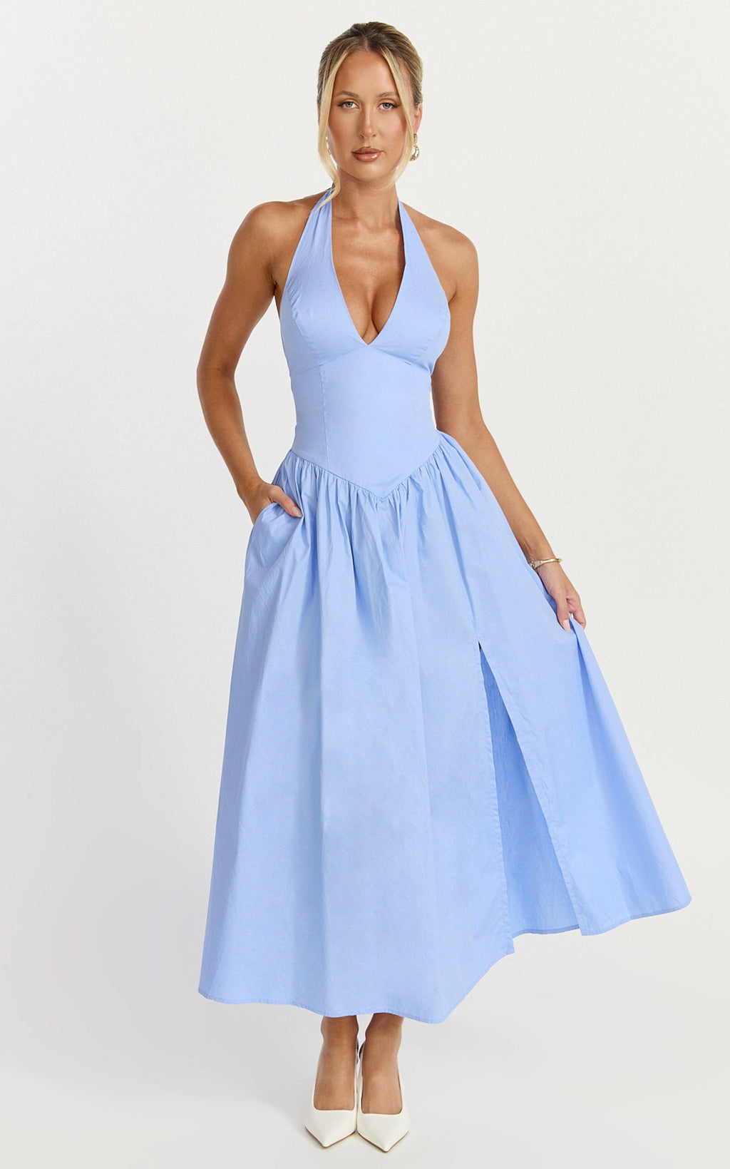 Etta Midi Elbise - Derin Yakalı Fit & Flare Elbise - Peygamber Çiçeği Mavisi