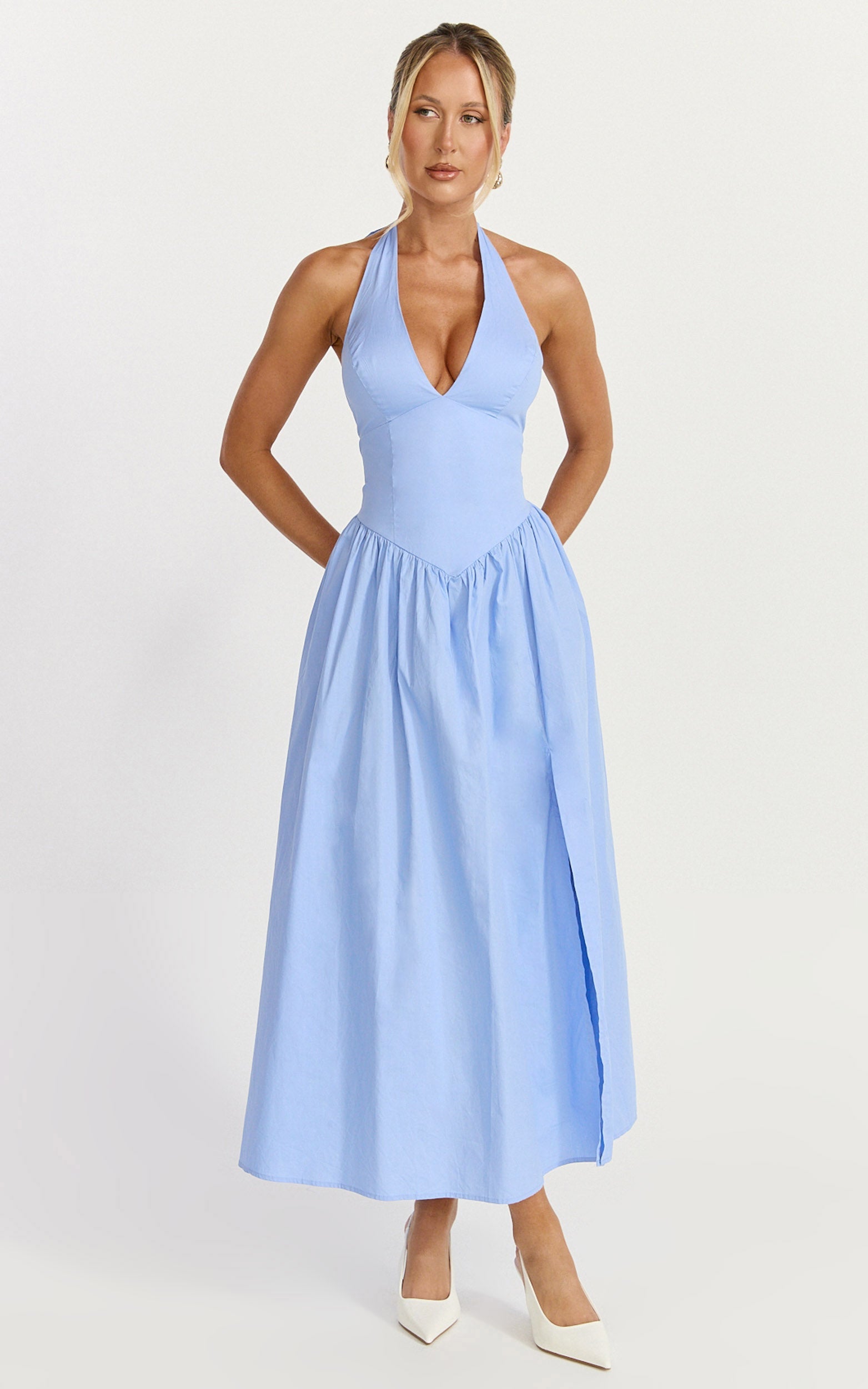 Etta Midi Elbise - Derin Yakalı Fit & Flare Elbise - Peygamber Çiçeği Mavisi