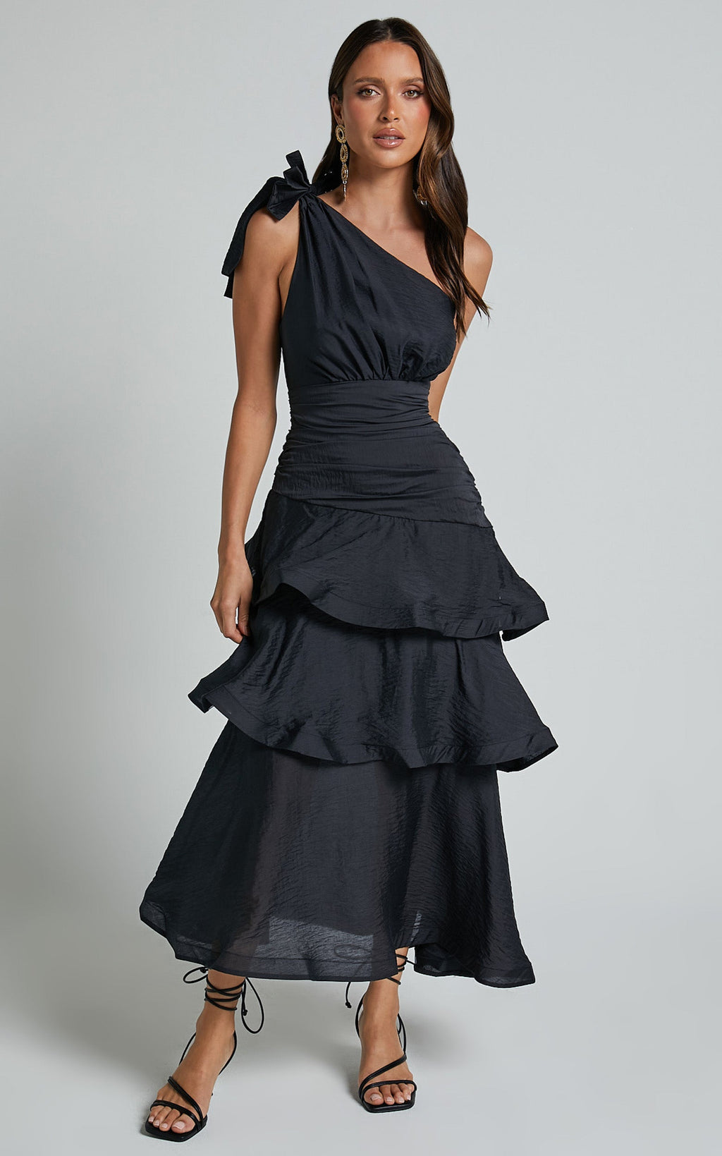 Eugenia Midi Elbise - Siyah Tek Omuz Katmanlı Fit & Flare Elbise