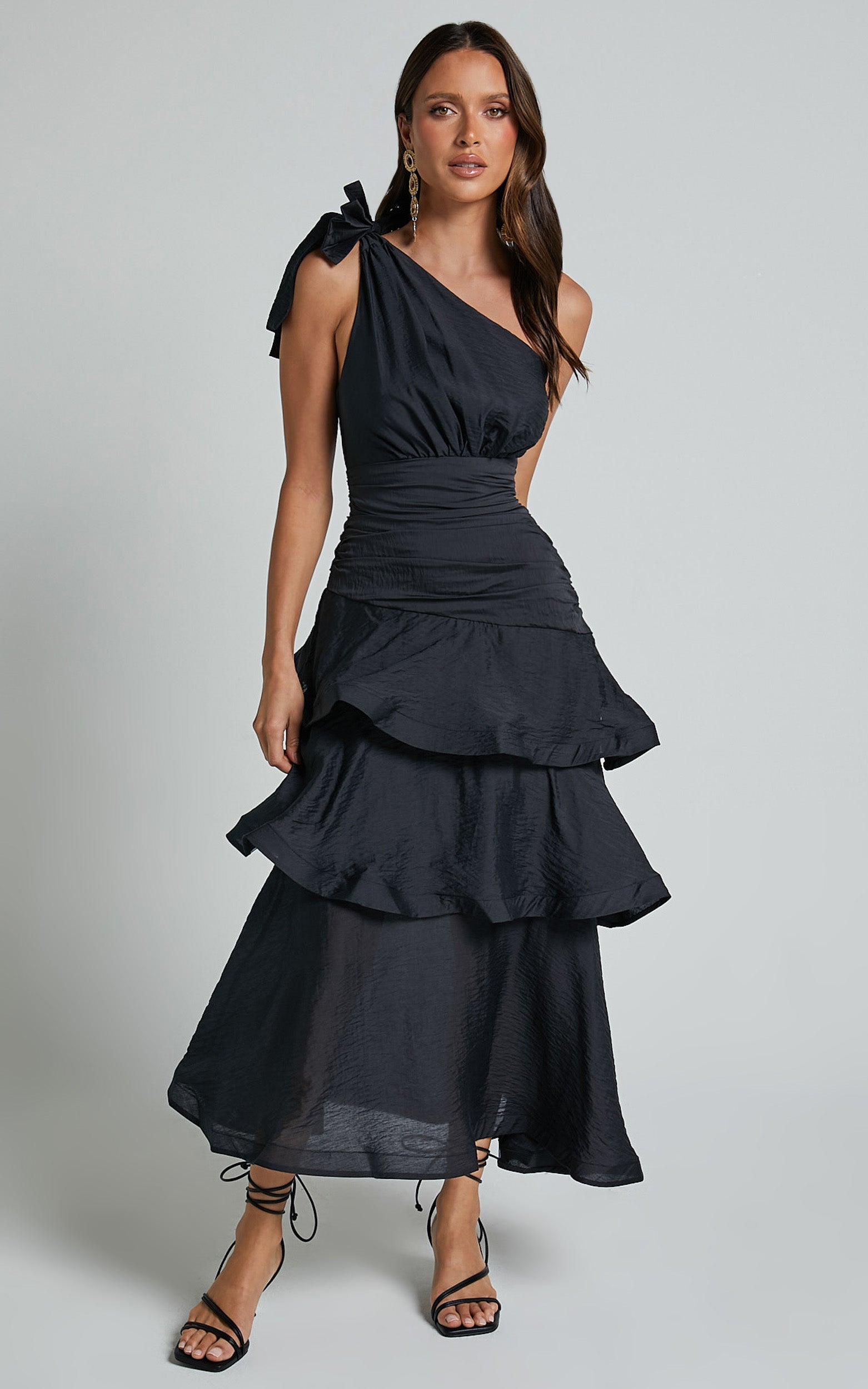 Eugenia Midi Elbise - Siyah Tek Omuz Katmanlı Fit & Flare Elbise