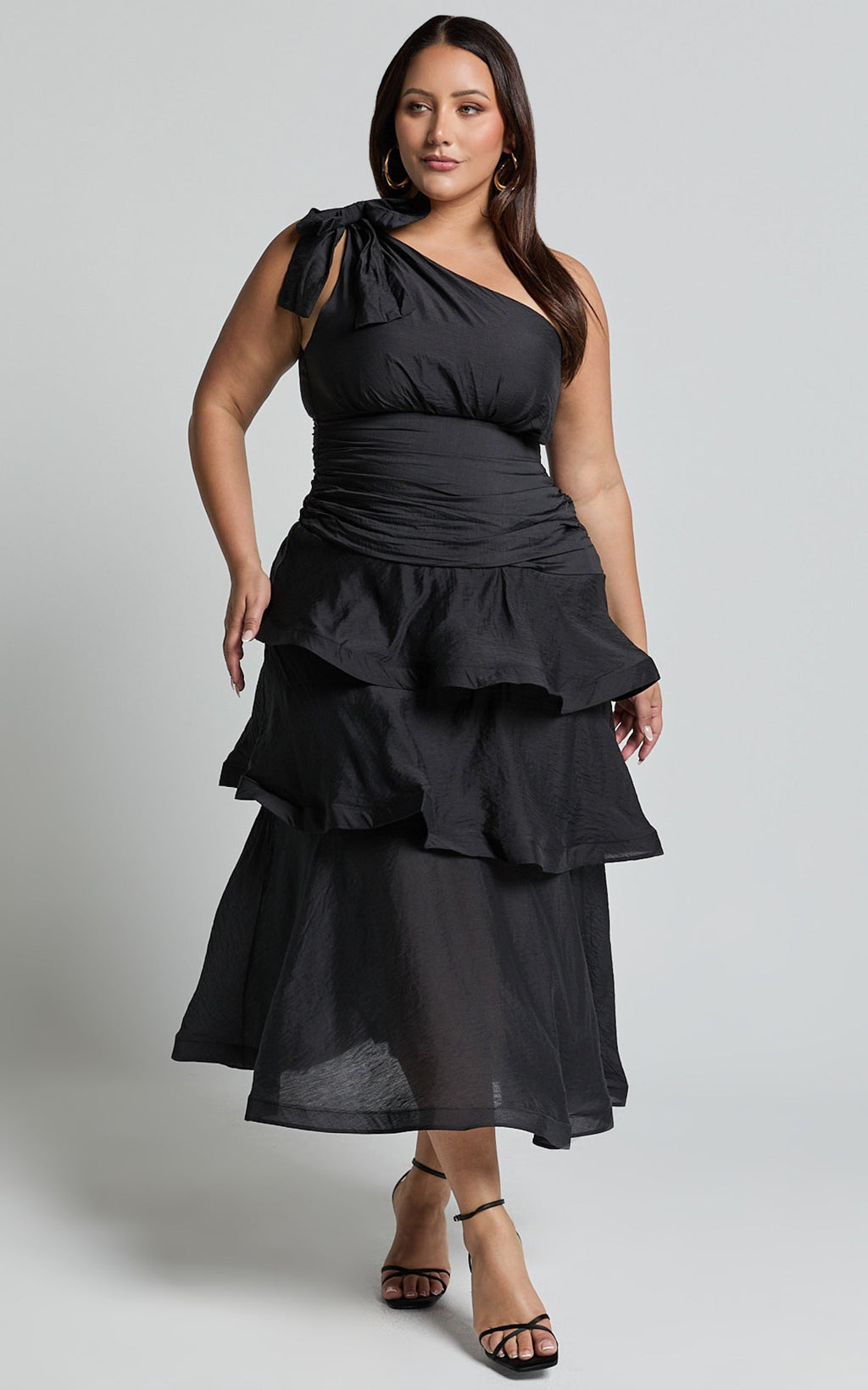 Eugenia Midi Elbise - Siyah Tek Omuz Katmanlı Fit & Flare Elbise