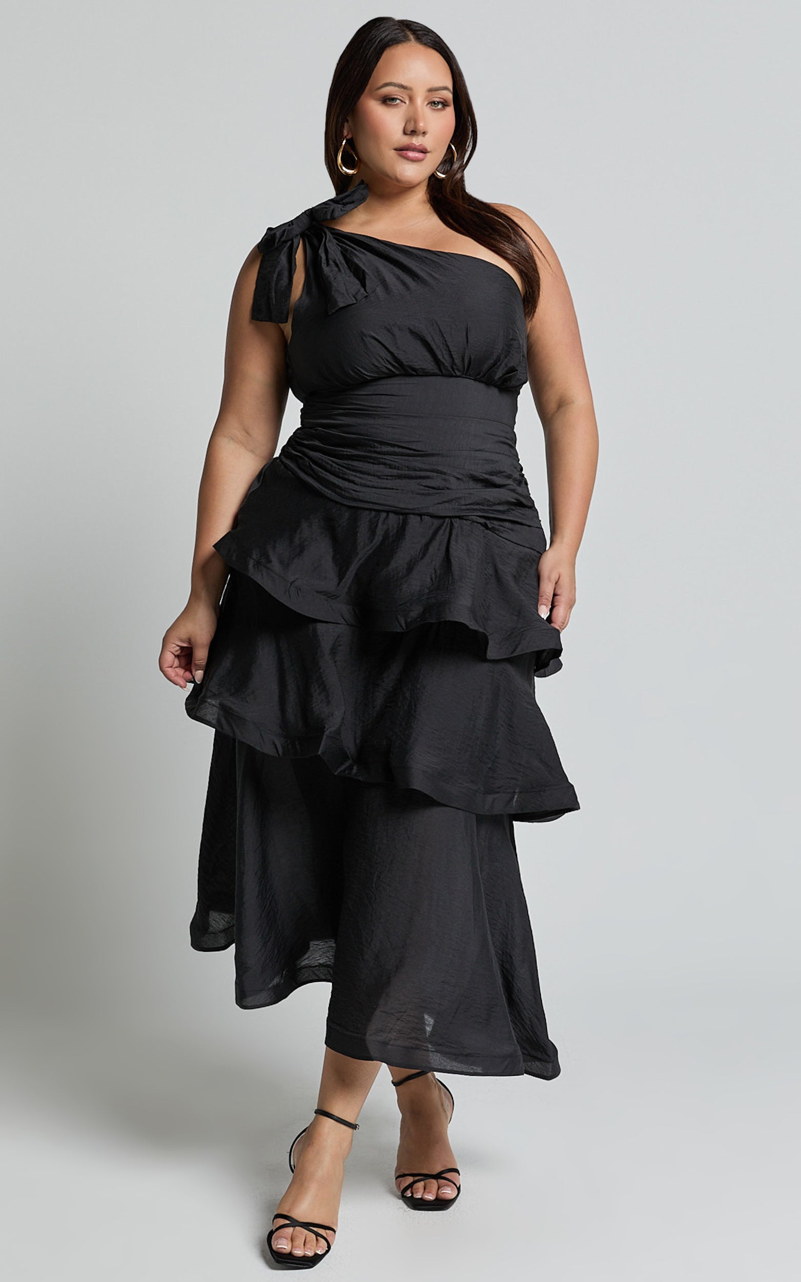 Eugenia Midi Elbise - Siyah Tek Omuz Katmanlı Fit & Flare Elbise