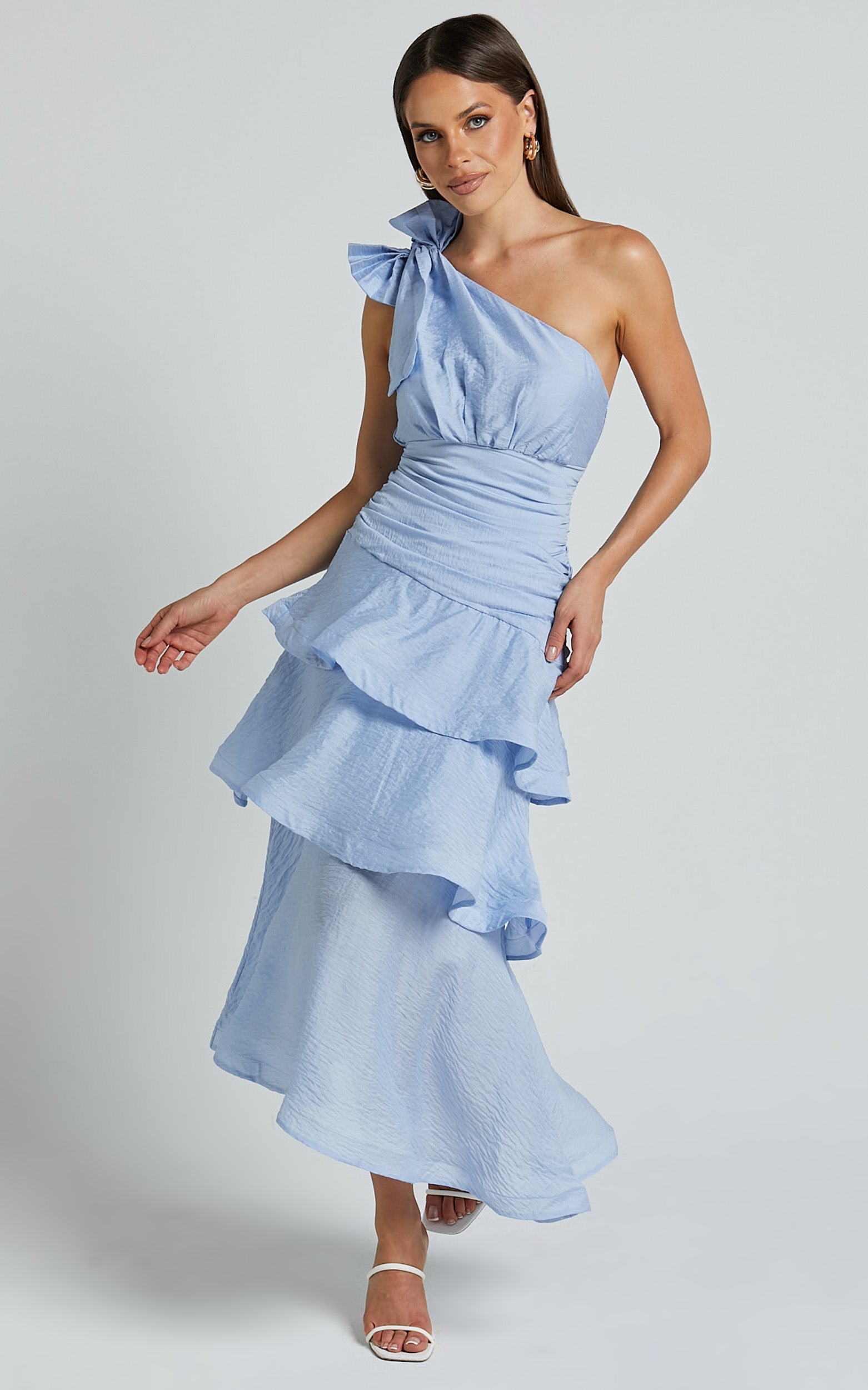 Eugenia Midi Elbise - Açık Mavi Tek Omuz Katmanlı Fit & Flare Elbise