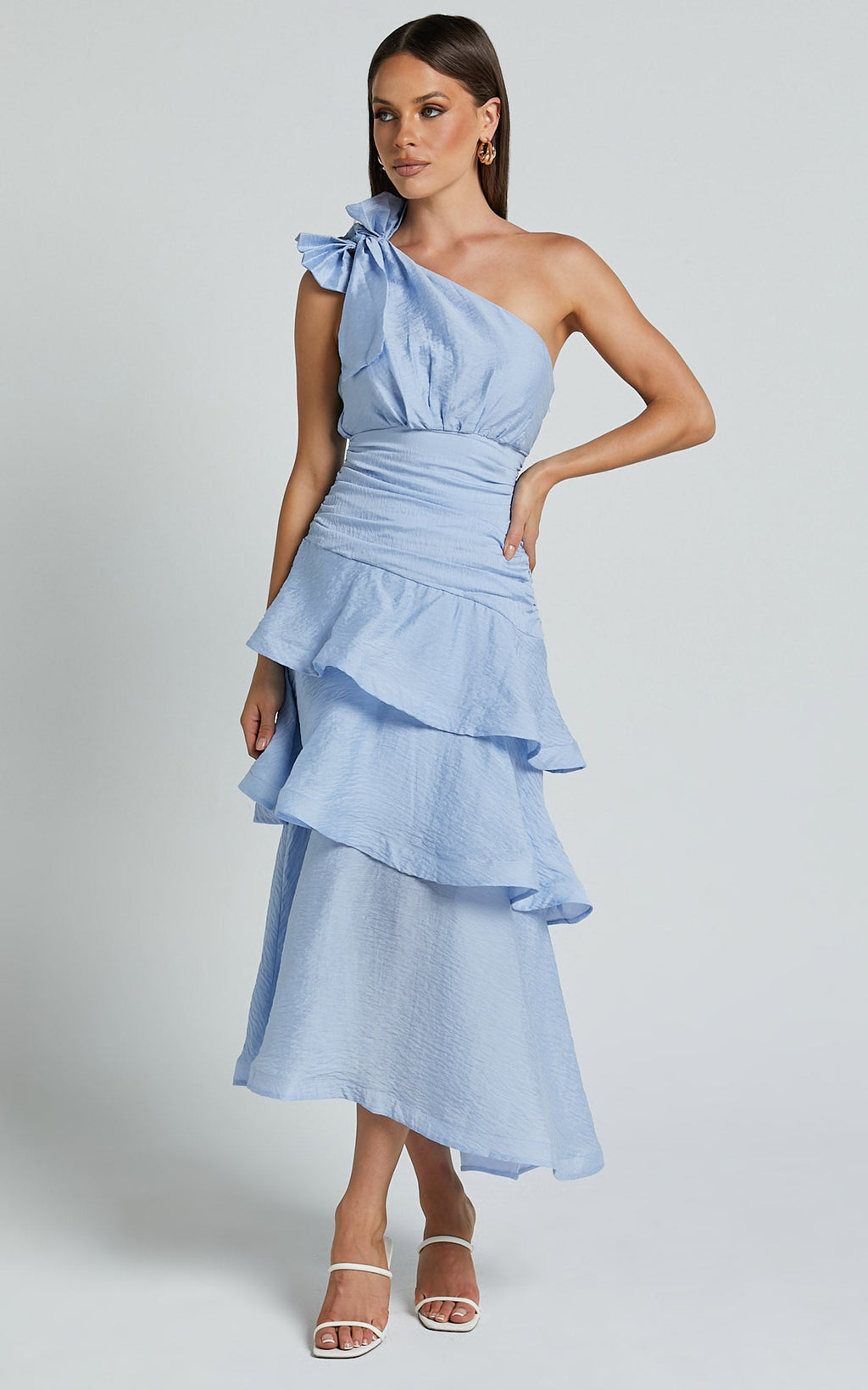Eugenia Midi Elbise - Açık Mavi Tek Omuz Katmanlı Fit & Flare Elbise