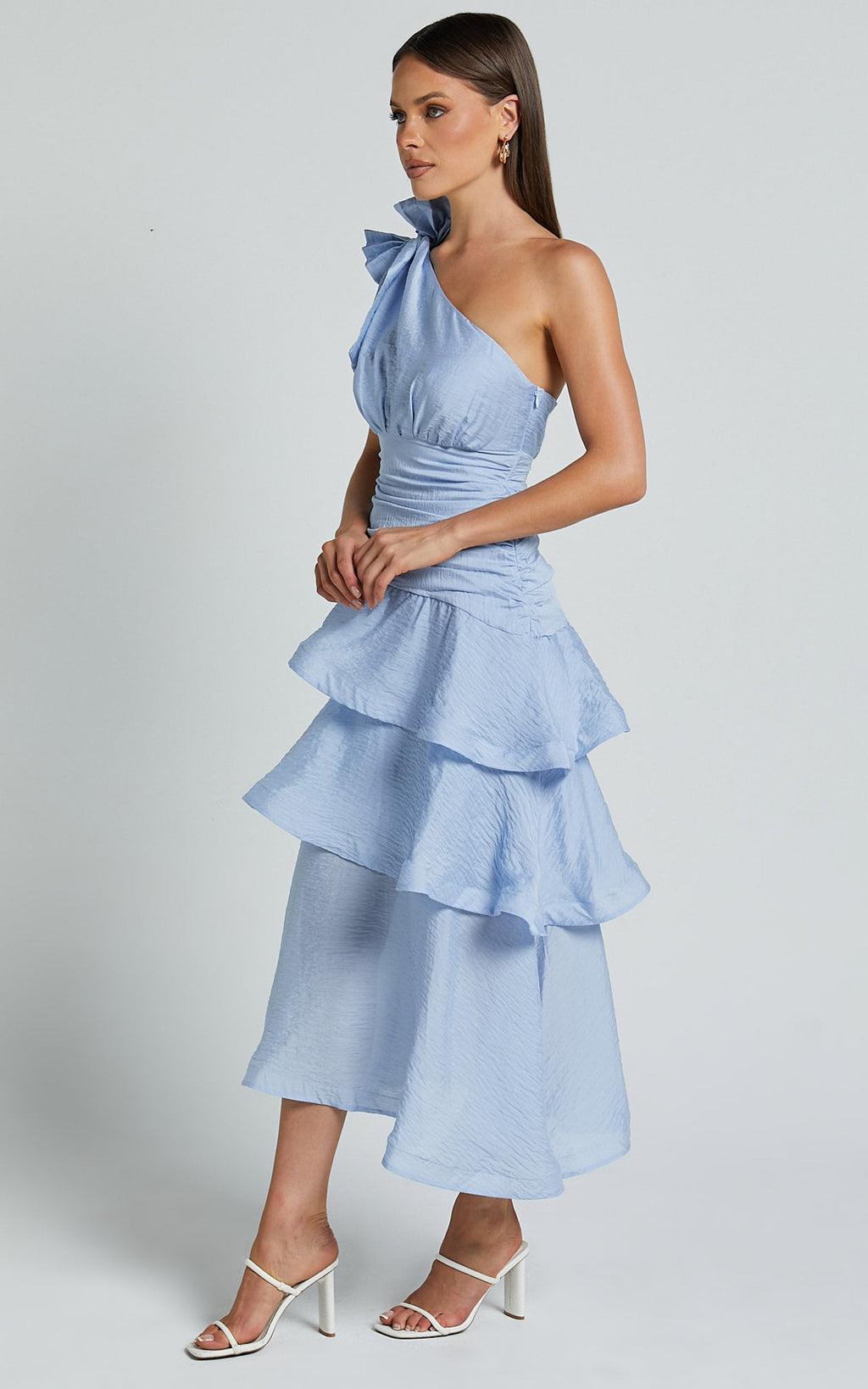Eugenia Midi Elbise - Açık Mavi Tek Omuz Katmanlı Fit & Flare Elbise