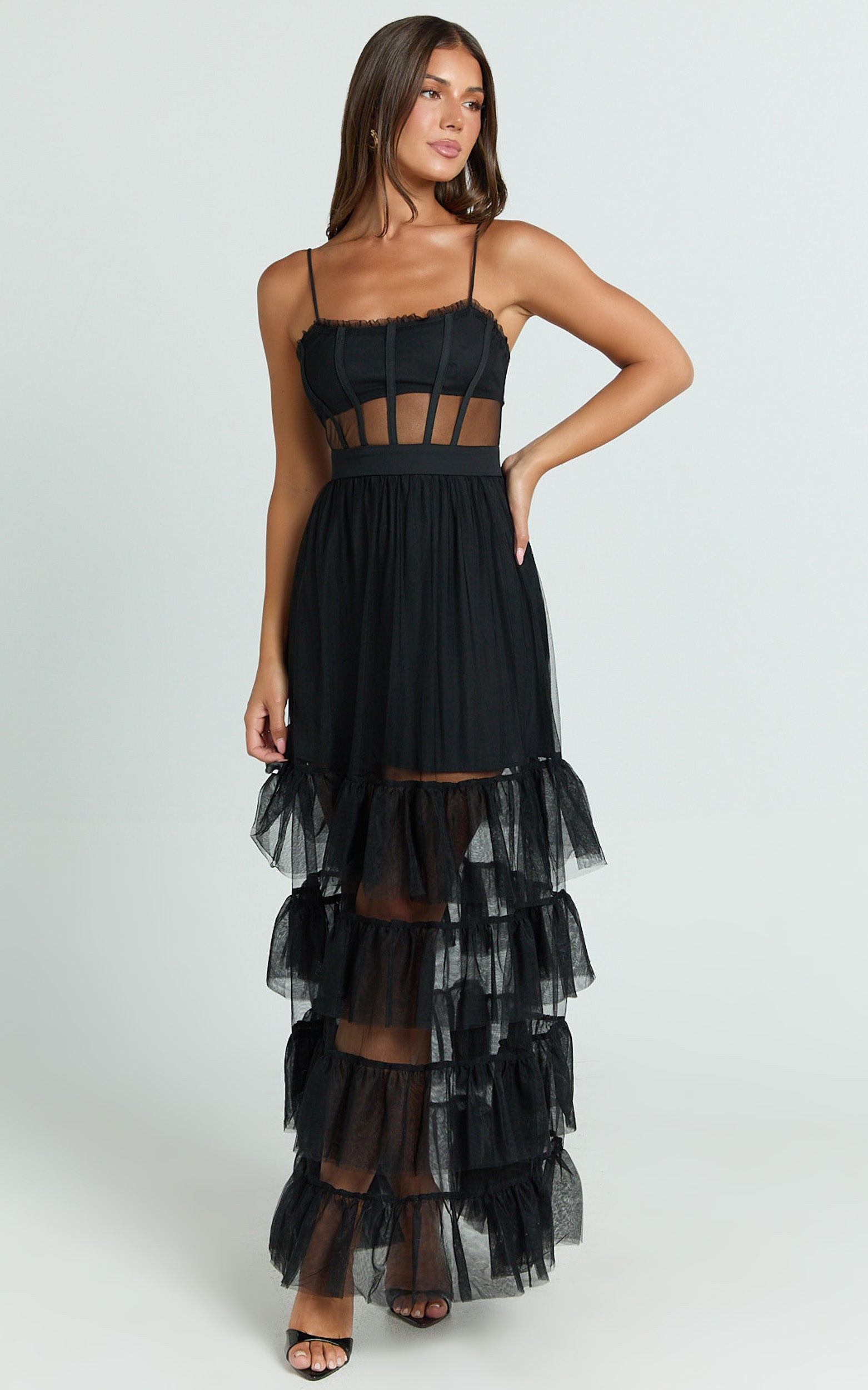Evelynn Midi Elbise - Siyah Kalp Yaka Korsaj Gövdeli Fit & Flare Katlı Elbise