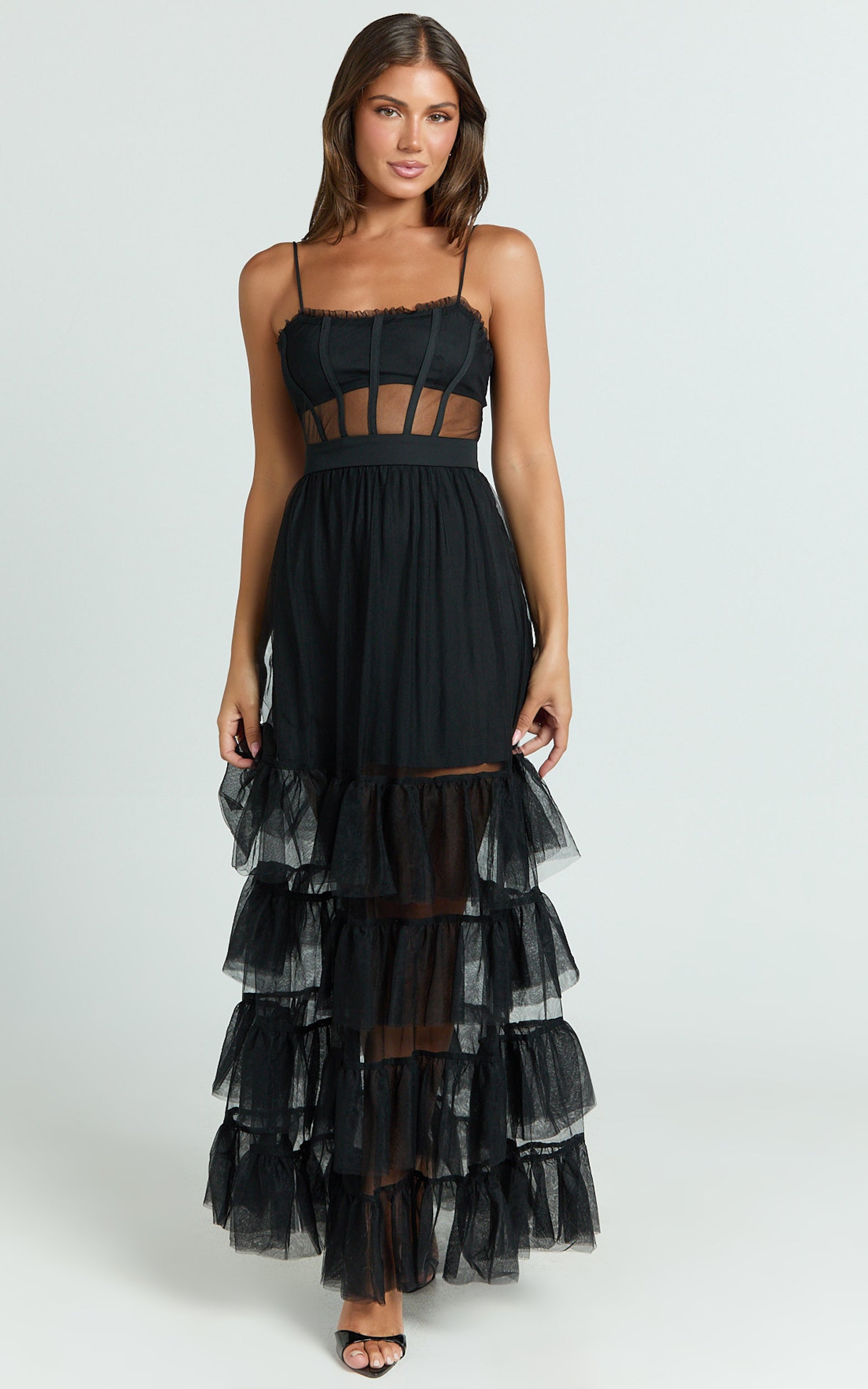 Evelynn Midi Elbise - Siyah Kalp Yaka Korsaj Gövdeli Fit & Flare Katlı Elbise