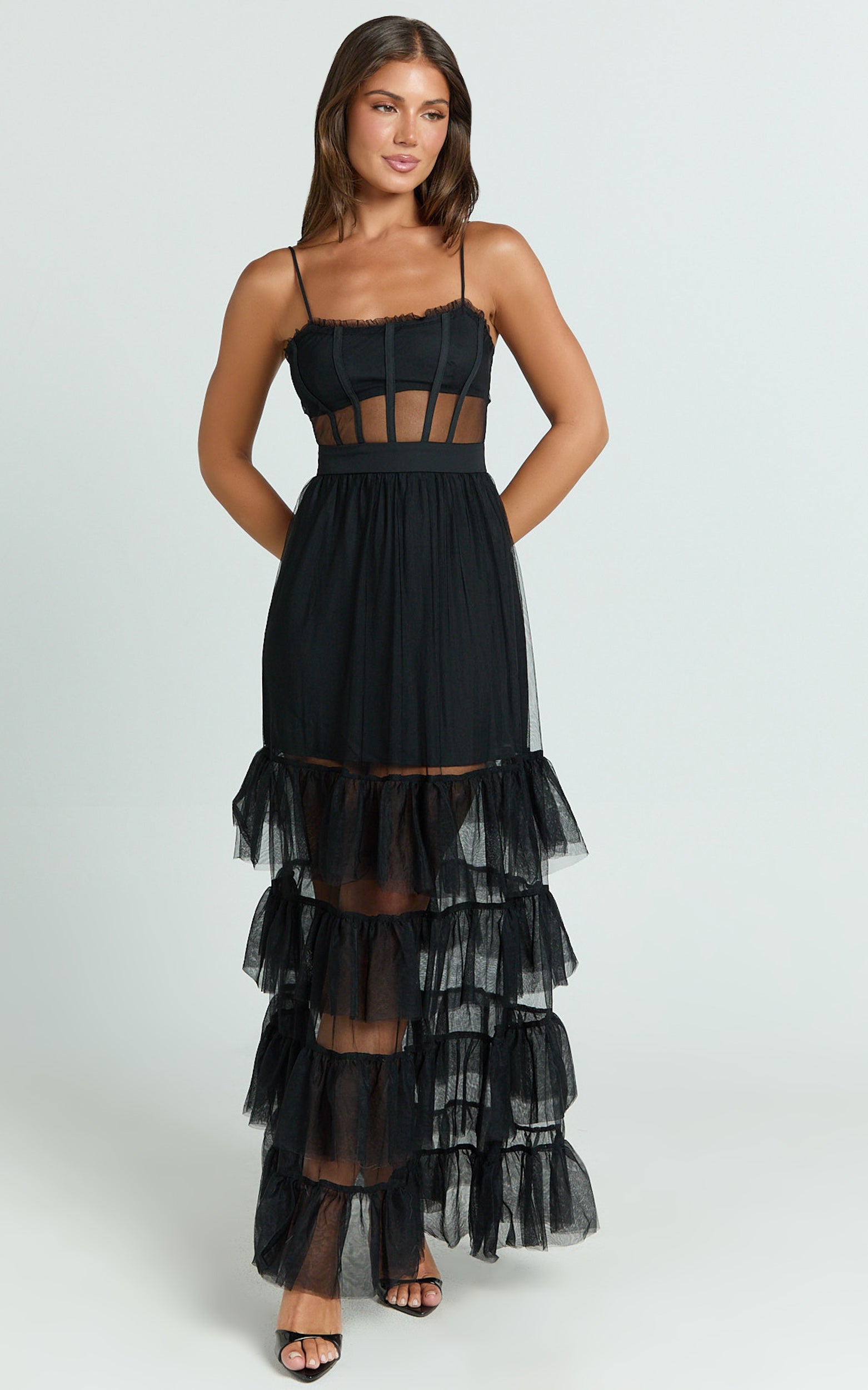 Evelynn Midi Elbise - Siyah Kalp Yaka Korsaj Gövdeli Fit & Flare Katlı Elbise
