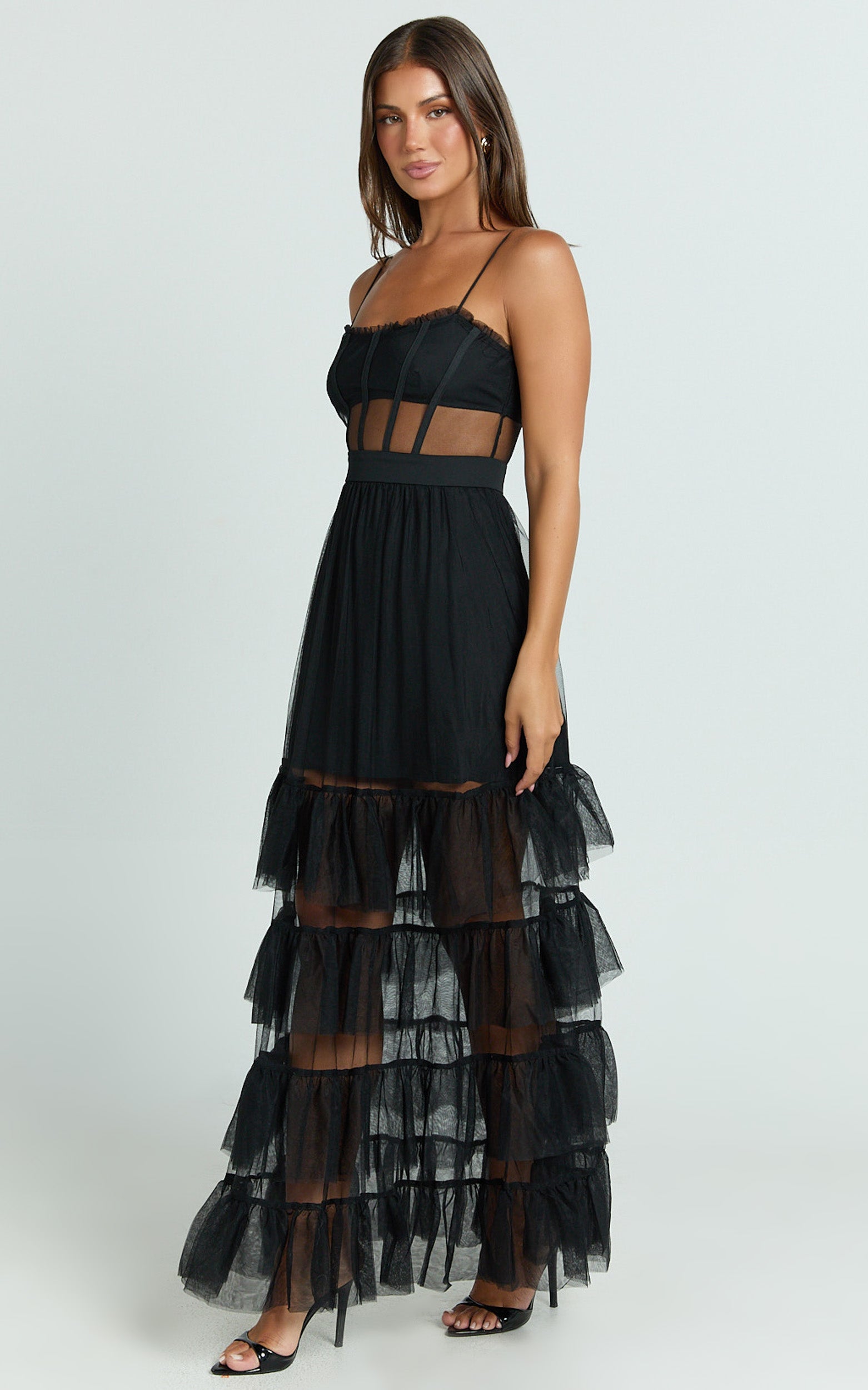 Evelynn Midi Elbise - Siyah Kalp Yaka Korsaj Gövdeli Fit & Flare Katlı Elbise