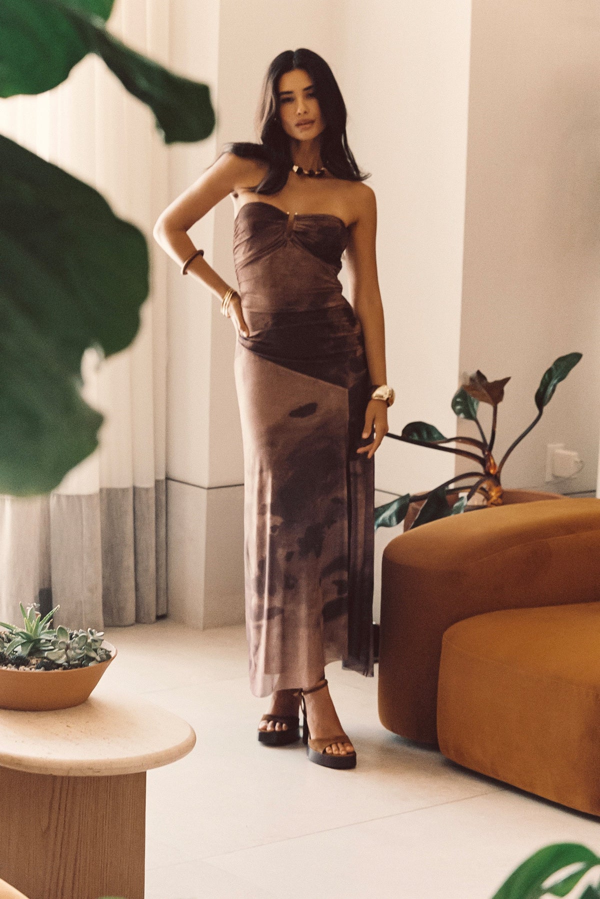 Everly Mocha Tül Midi Elbise