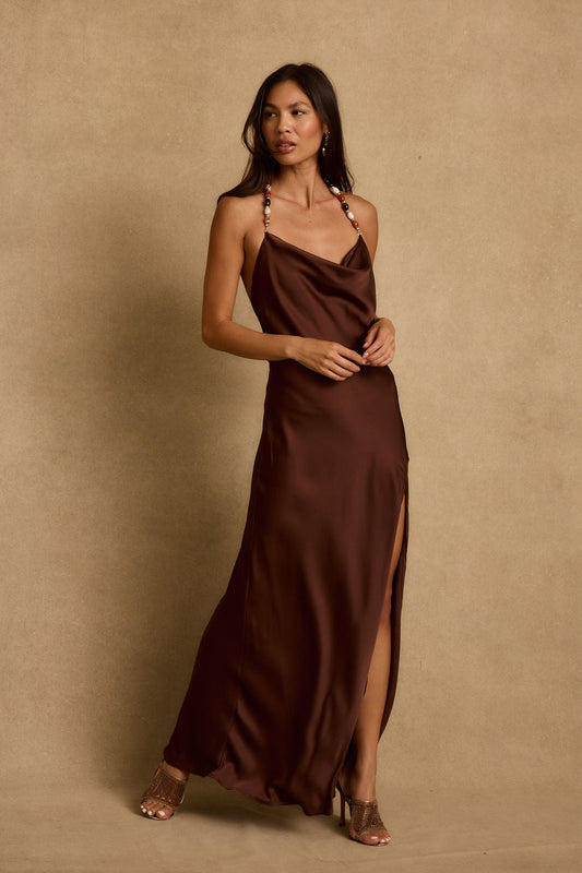 Fina Mocha Saten Maxi Elbise
