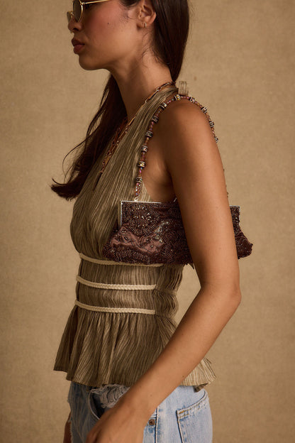 Franca Zeytin Çizgili Halter Bluz