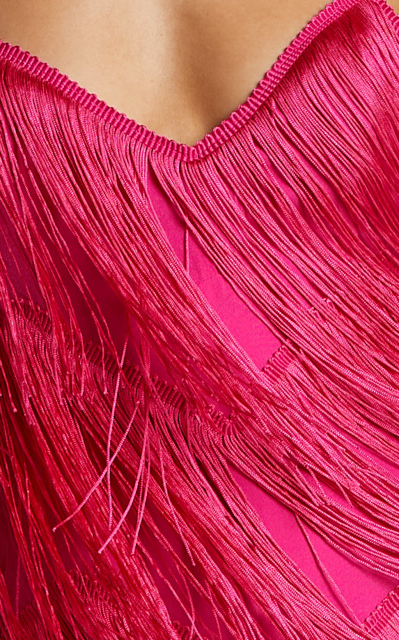 Siofra Mini Elbise - Canlı Pembe Zikzak Püsküllü Elbise