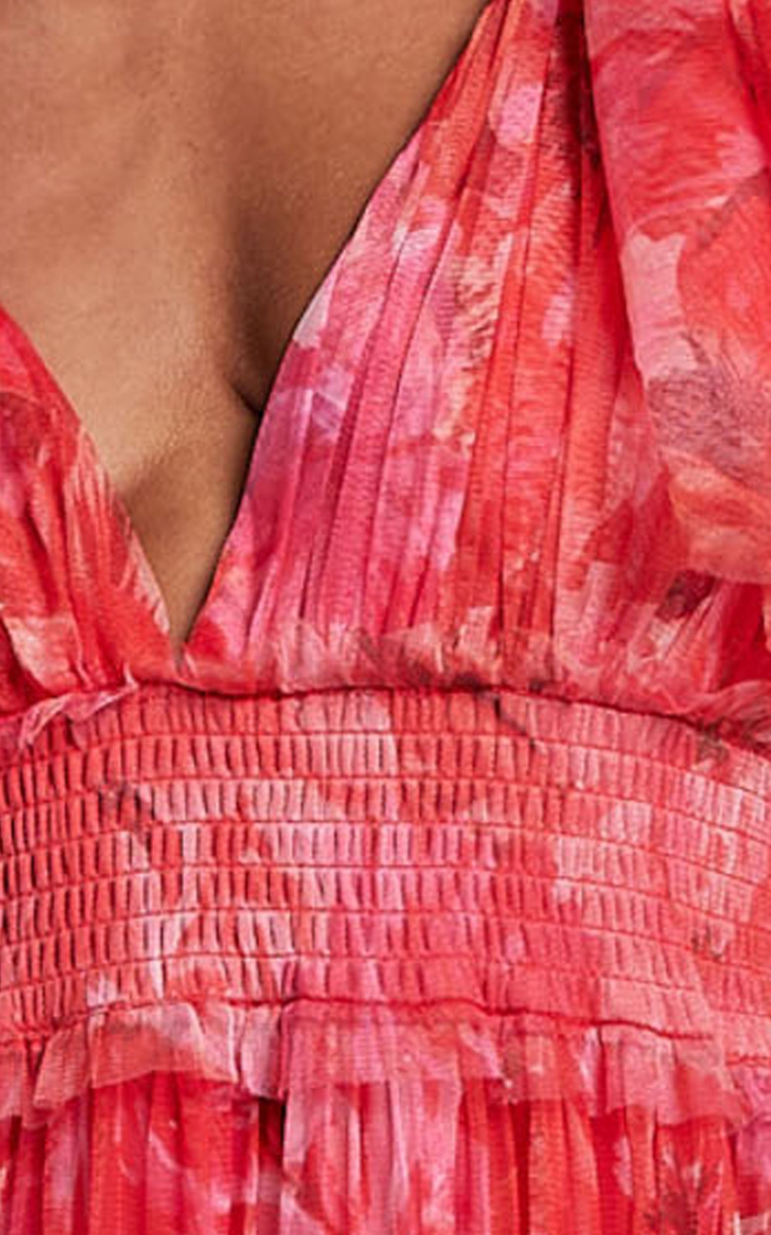 Leianna Midi Elbise - Sunset Floral Desenli Tül Kelebek Kollu Katlı Fırfırlı Elbise