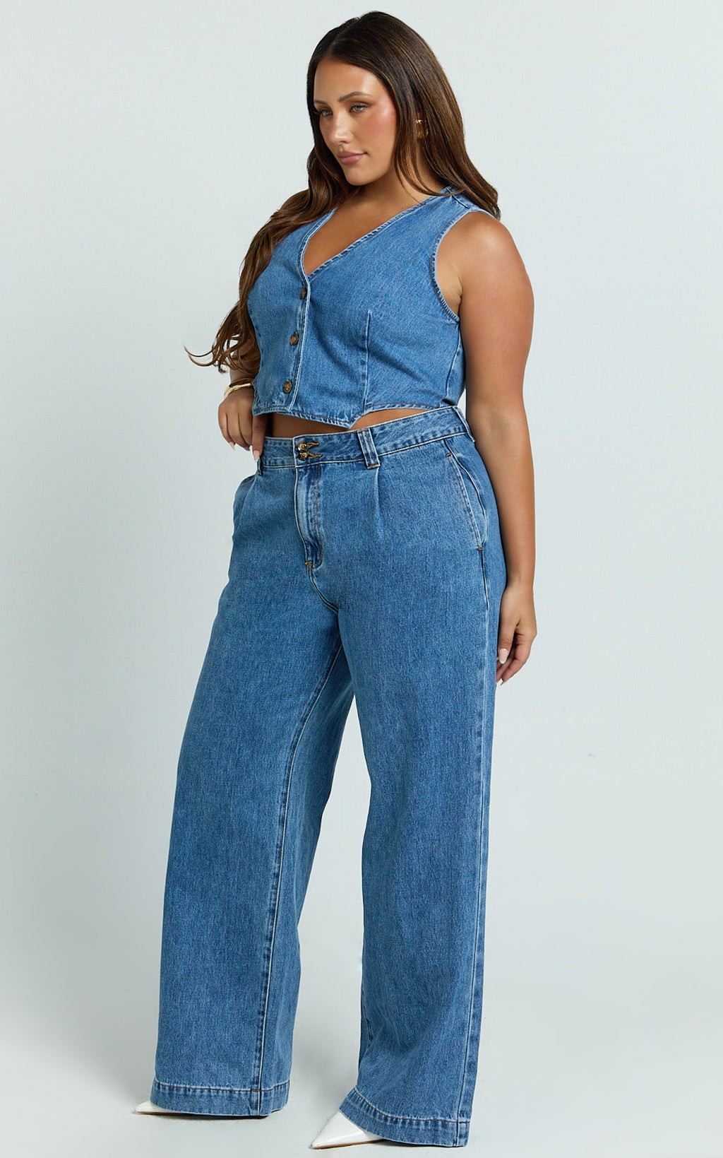 Fergie Jean - Orta Mavi Yıkamalı Yüksek Bel Düz Paça Denim Jean