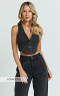 Fergie Üst - Yıkamalı Siyah Denim Crop Yelek Üst