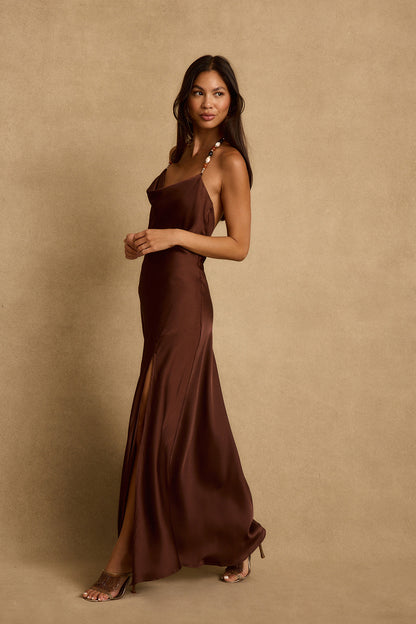 Fina Mocha Saten Maxi Elbise