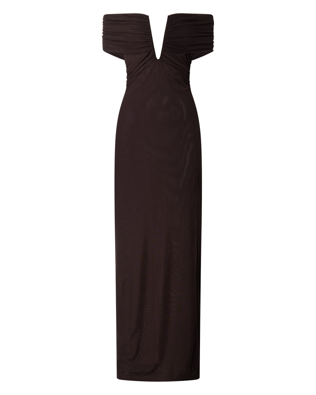 Alessia Maxi Elbise - Çikolata Kahvesi Omuzları Açık Büzgülü Bodycon Elbise