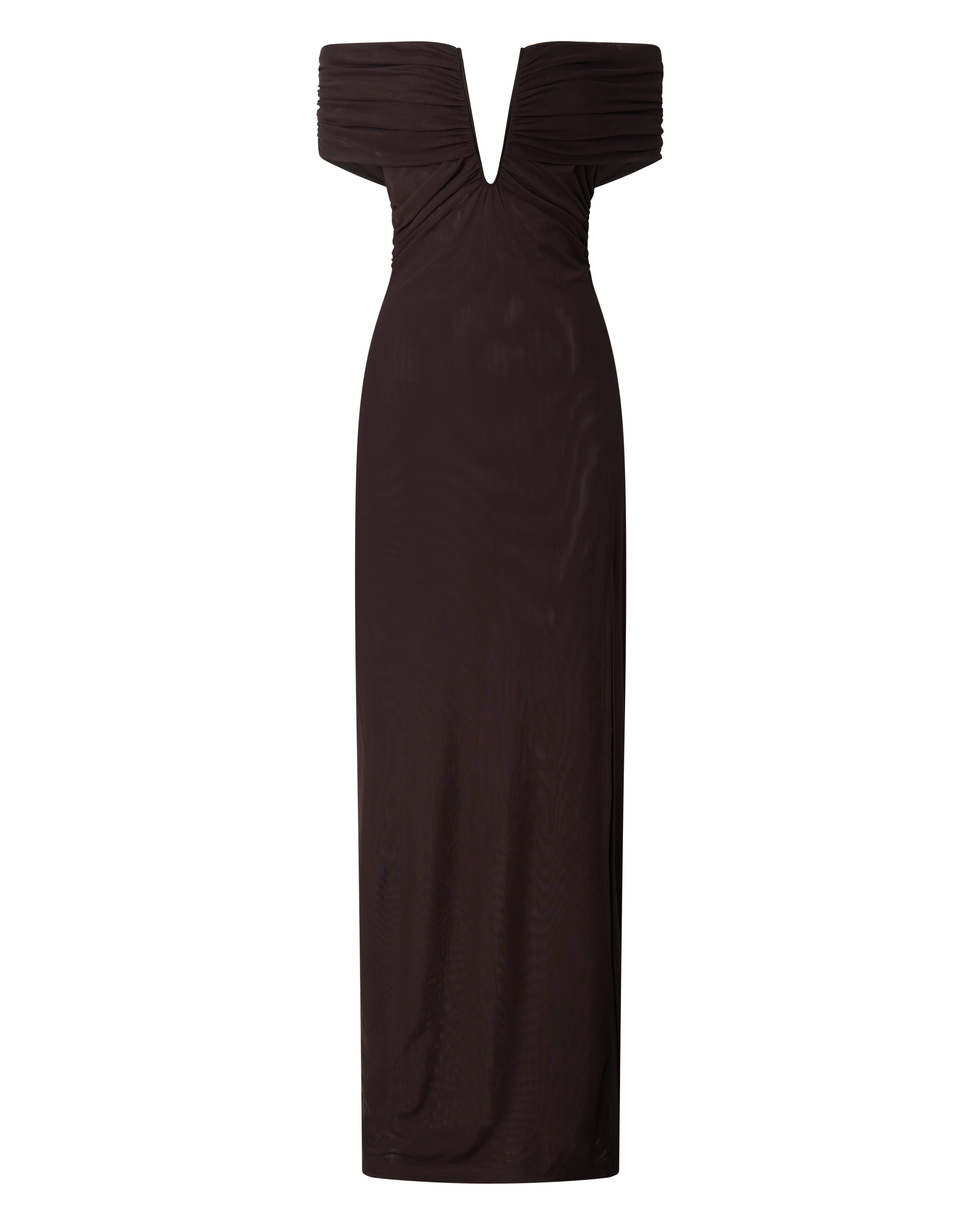 Alessia Maxi Elbise - Çikolata Kahvesi Omuzları Açık Büzgülü Bodycon Elbise
