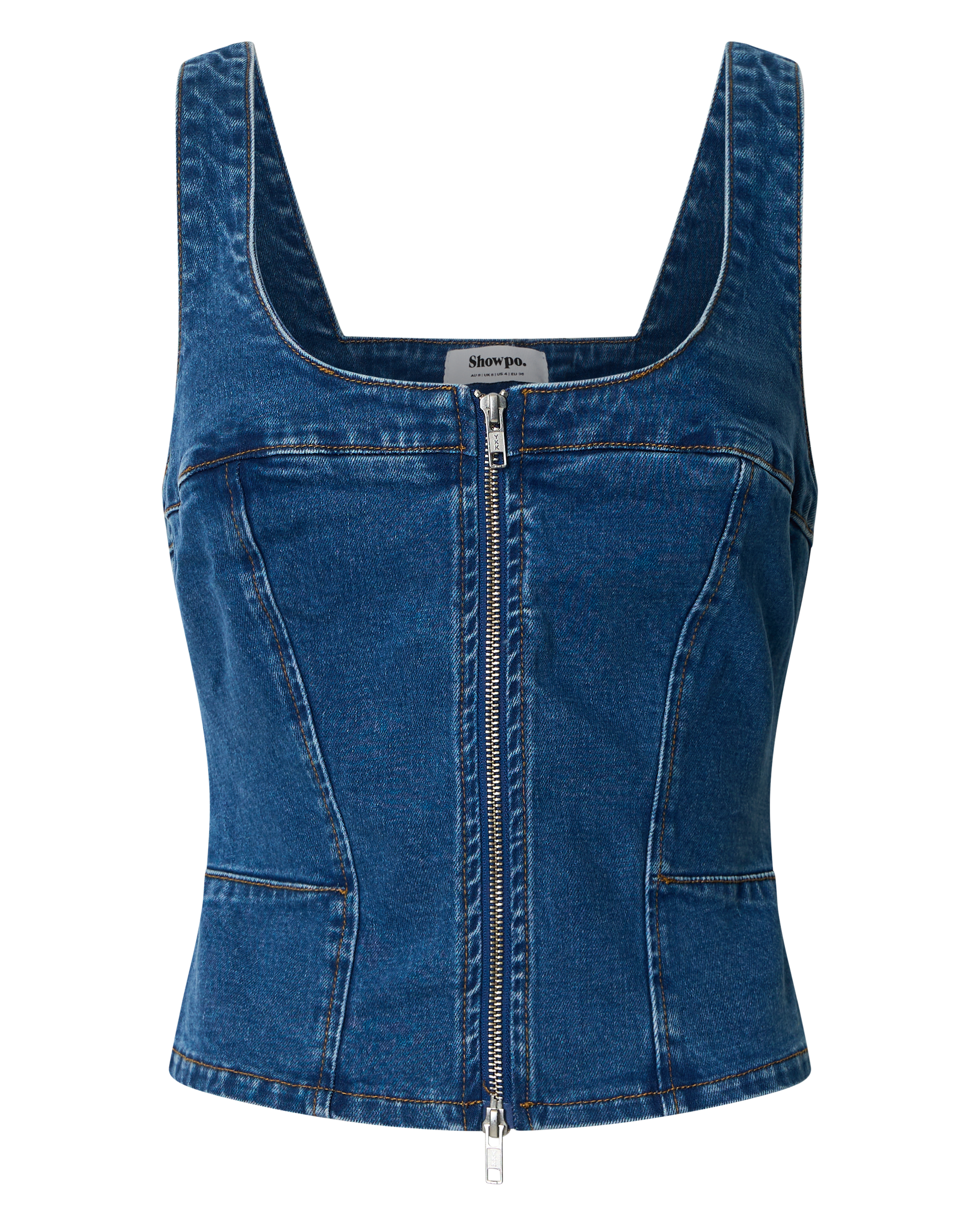 Bellerose Üst - Koyu Mavi Yıkamalı Önden Fermuarlı Dar Kesim Denim Üst
