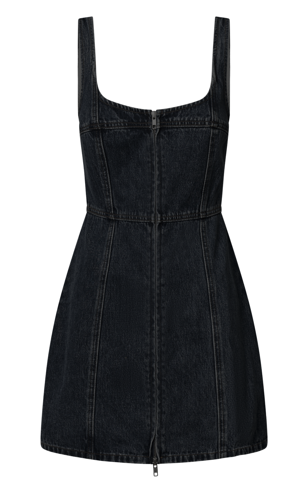 Chrysoula Mini Elbise - Yıkanmış Siyah Kare Yaka Önden Fermuarlı Kolsuz Bodycon Denim Elbise