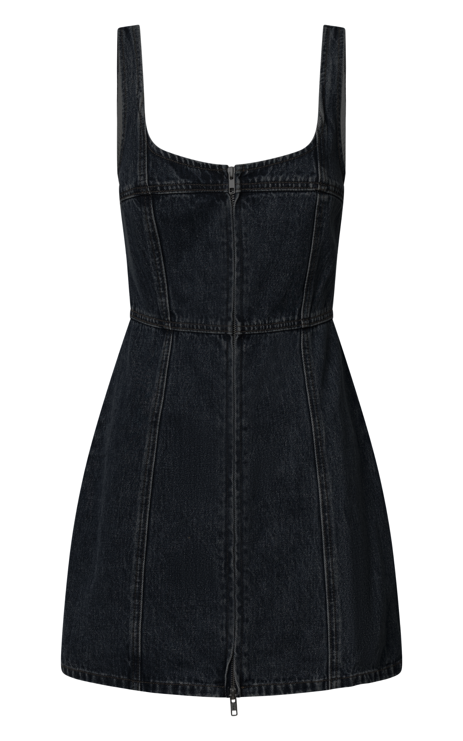 Chrysoula Mini Elbise - Yıkanmış Siyah Kare Yaka Önden Fermuarlı Kolsuz Bodycon Denim Elbise