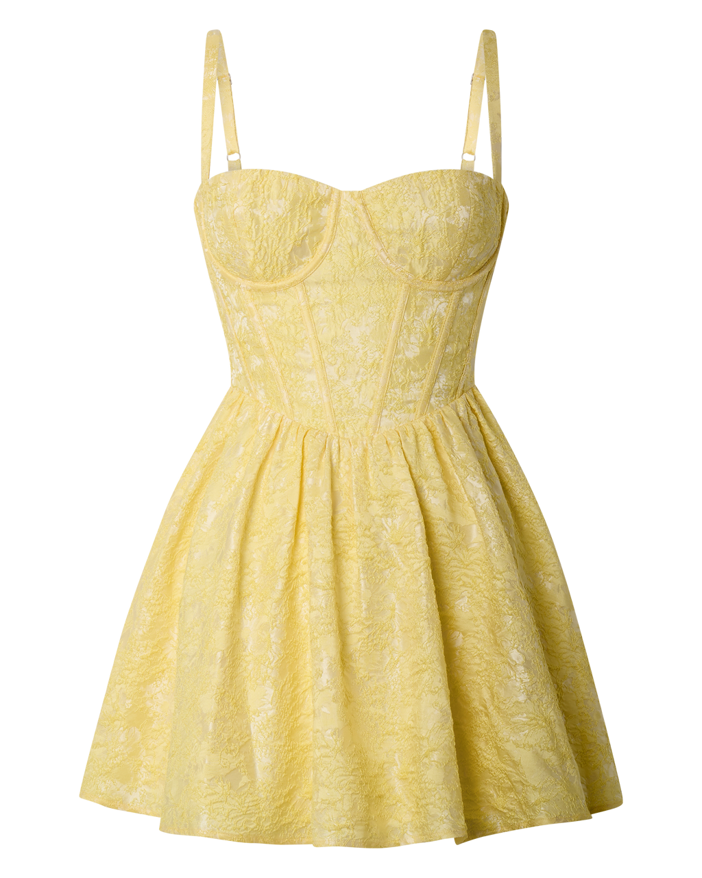 Eden Mini Elbise - Sarı Jakarlı Kalp Yaka Sırtı Bağcıklı Fit & Flare Elbise