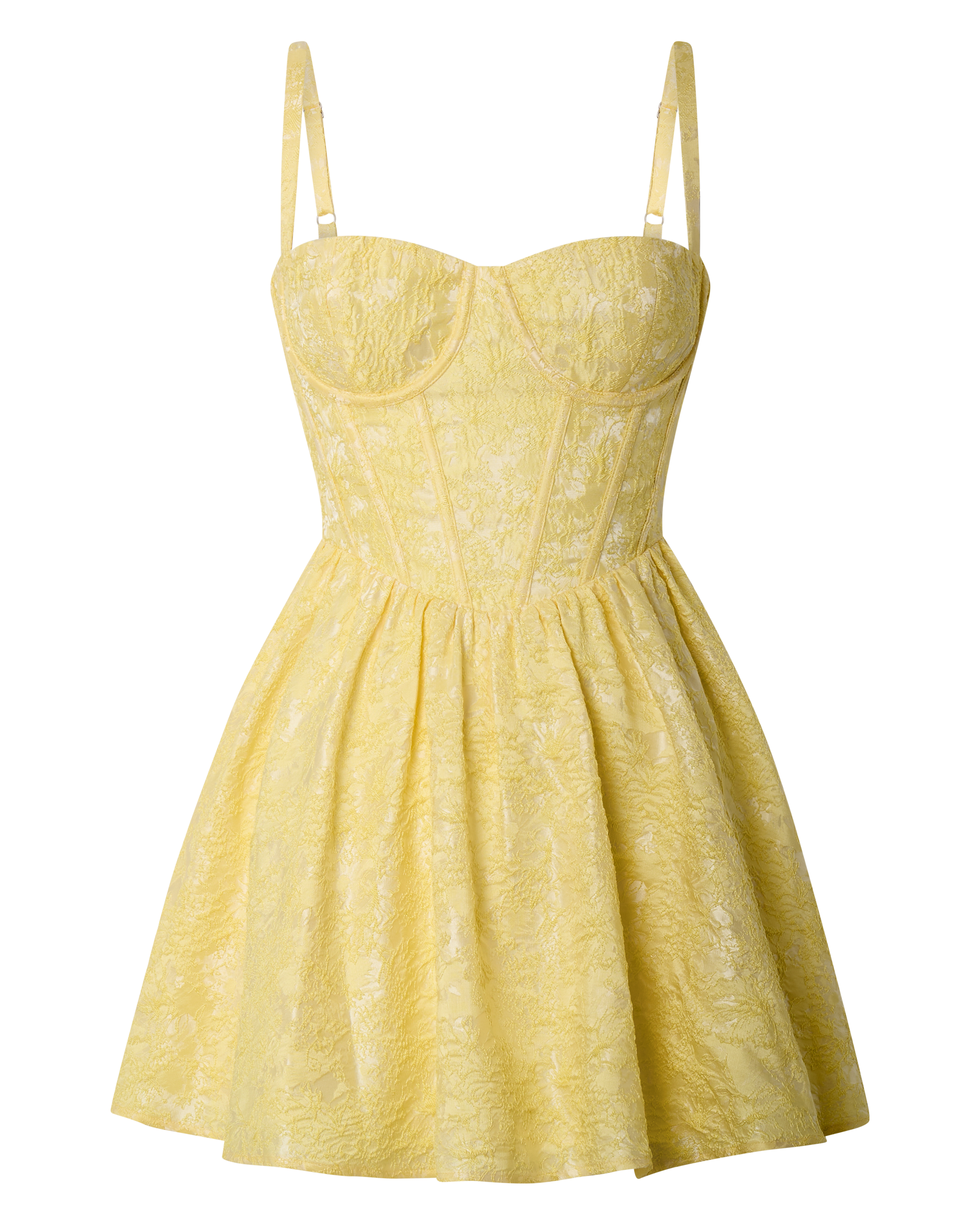 Eden Mini Elbise - Sarı Jakarlı Kalp Yaka Sırtı Bağcıklı Fit & Flare Elbise