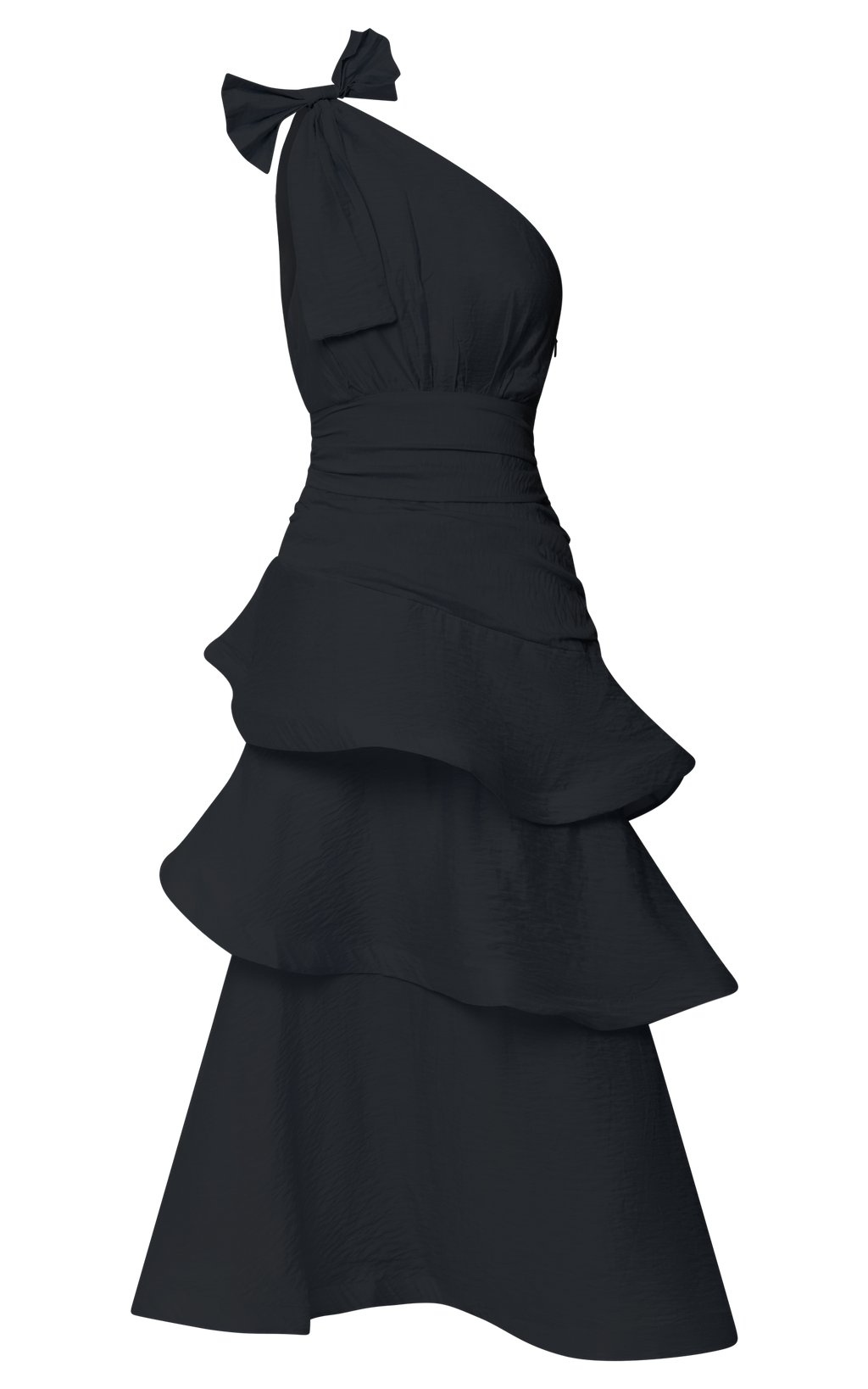Eugenia Midi Elbise - Siyah Tek Omuz Katmanlı Fit & Flare Elbise