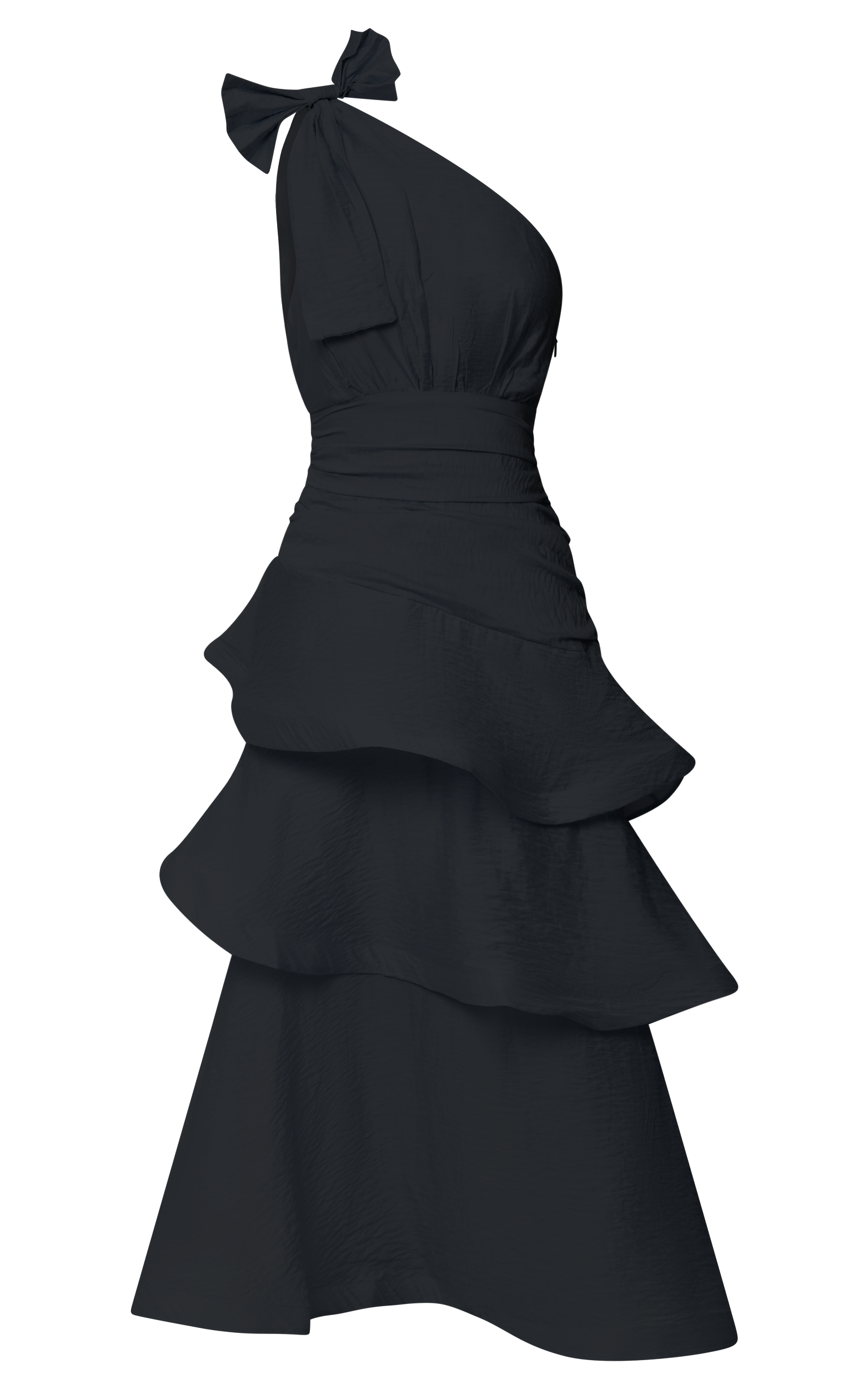 Eugenia Midi Elbise - Siyah Tek Omuz Katmanlı Fit & Flare Elbise