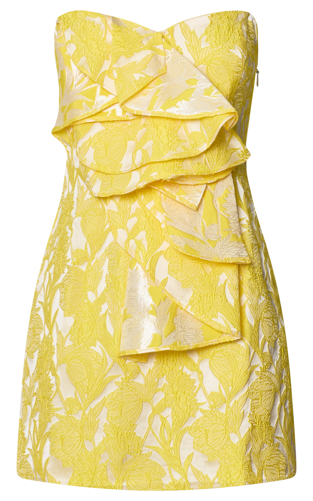 Amalie The Label - Sarı Frederika Straplez Fırfır Detaylı Jakarlı Mini Elbise