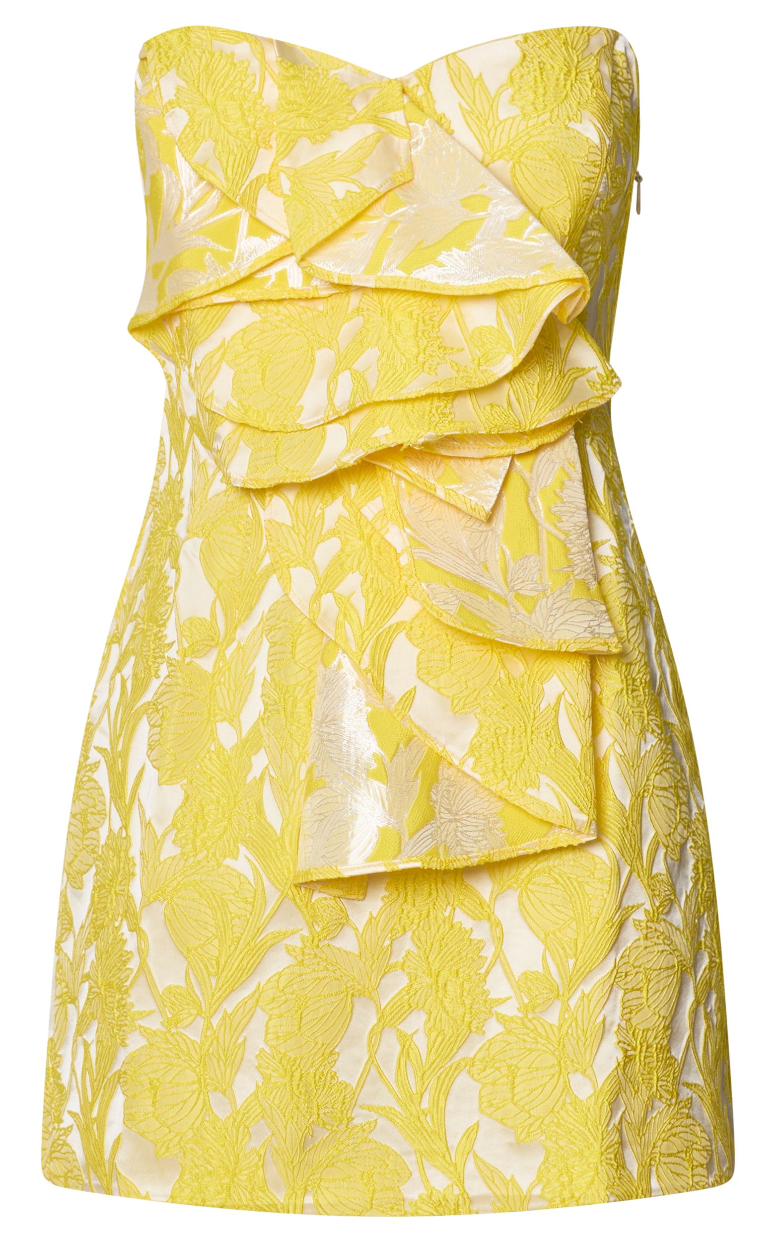 Amalie The Label - Sarı Frederika Straplez Fırfır Detaylı Jakarlı Mini Elbise