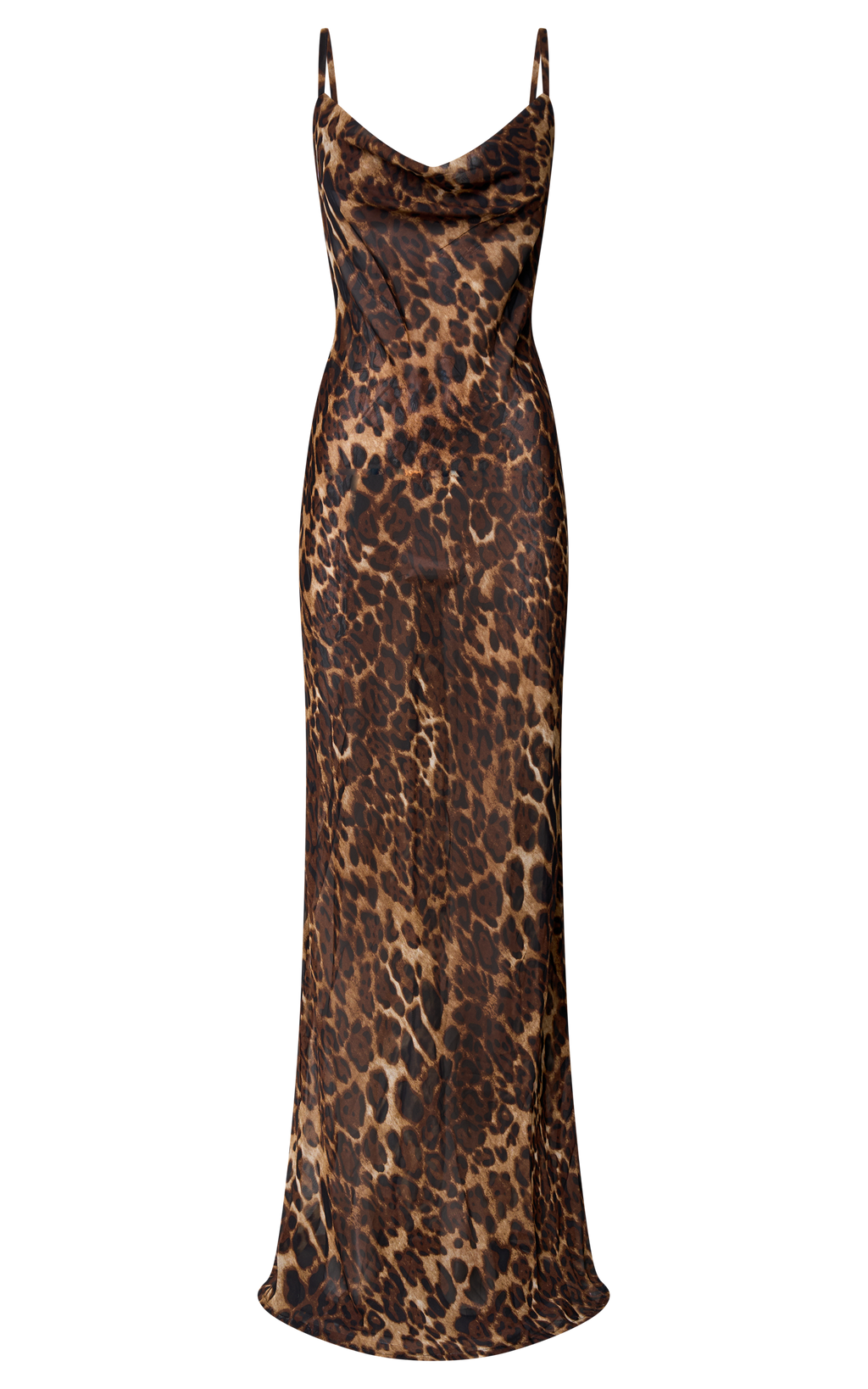 Hilary Maxi Elbise - Leopar Desenli Transparan Degaje Yaka Askılı Elbise