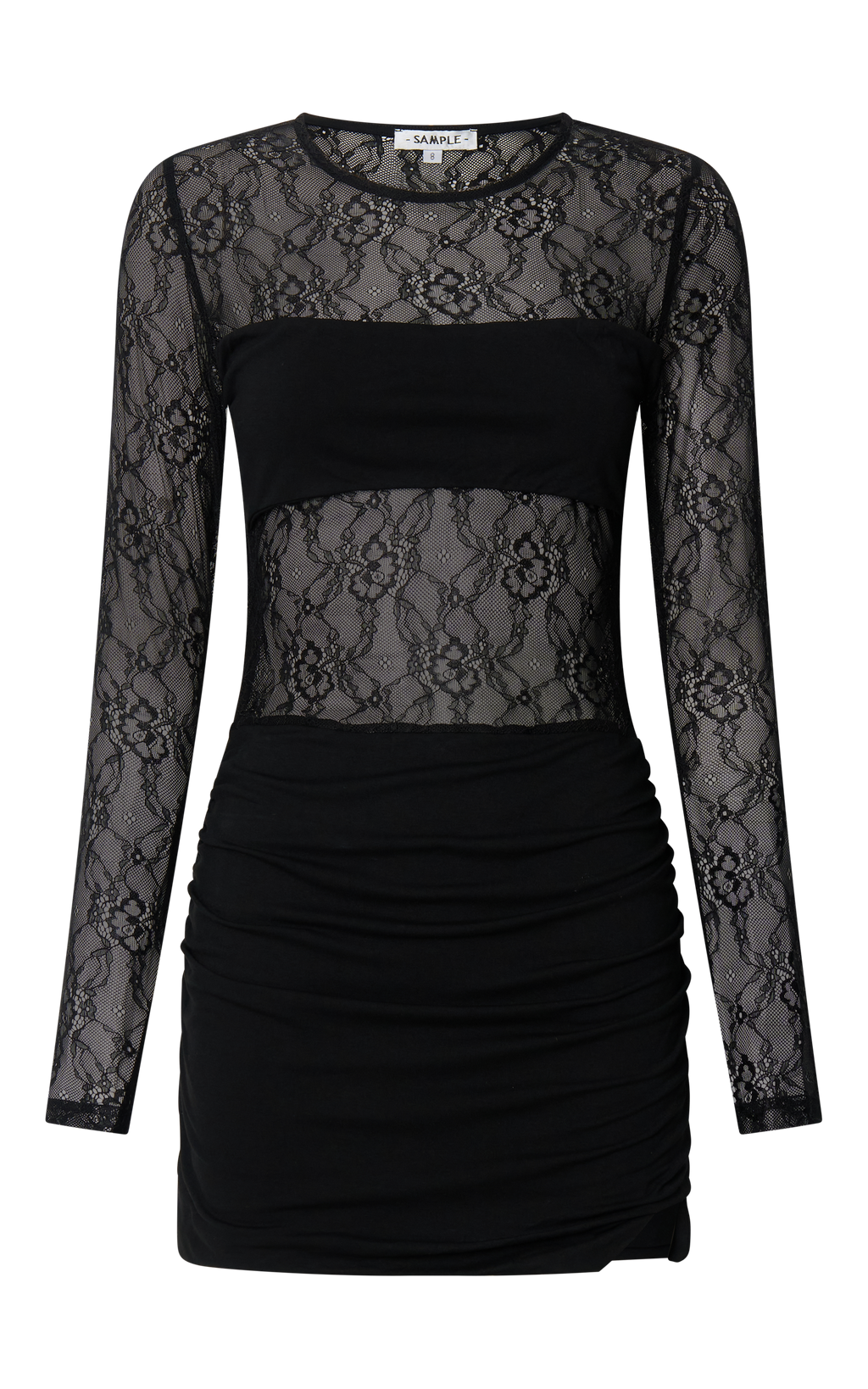 Imelda Mini Elbise - Siyah Kontrast Dantel Uzun Kollu Büzgülü Bodycon Elbise