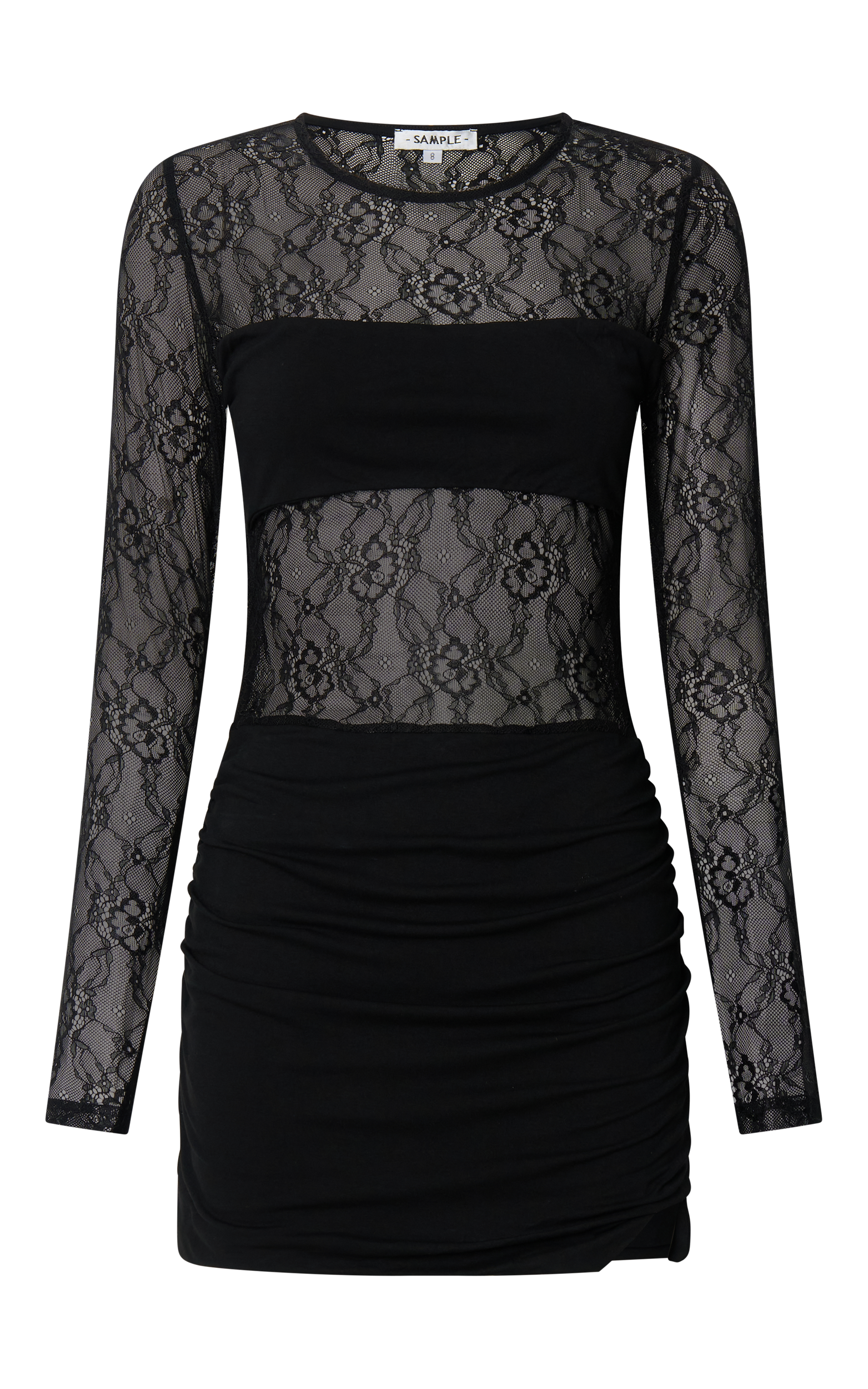 Imelda Mini Elbise - Siyah Kontrast Dantel Uzun Kollu Büzgülü Bodycon Elbise
