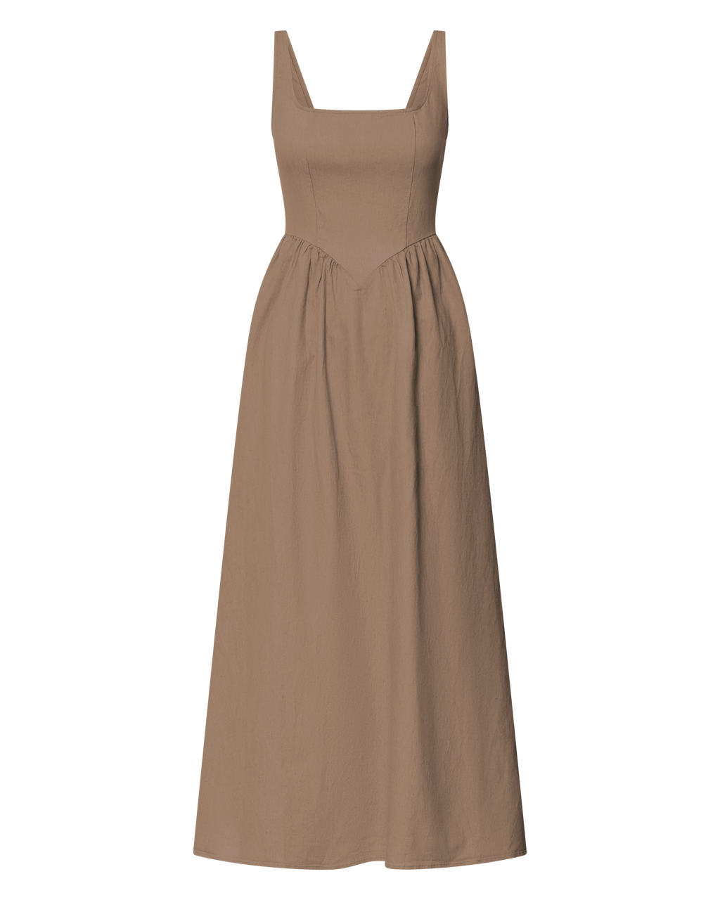 Rhaziya Midi Elbise - Tütün Rengi Kolsuz Düz Yaka Fit & Flare Elbise