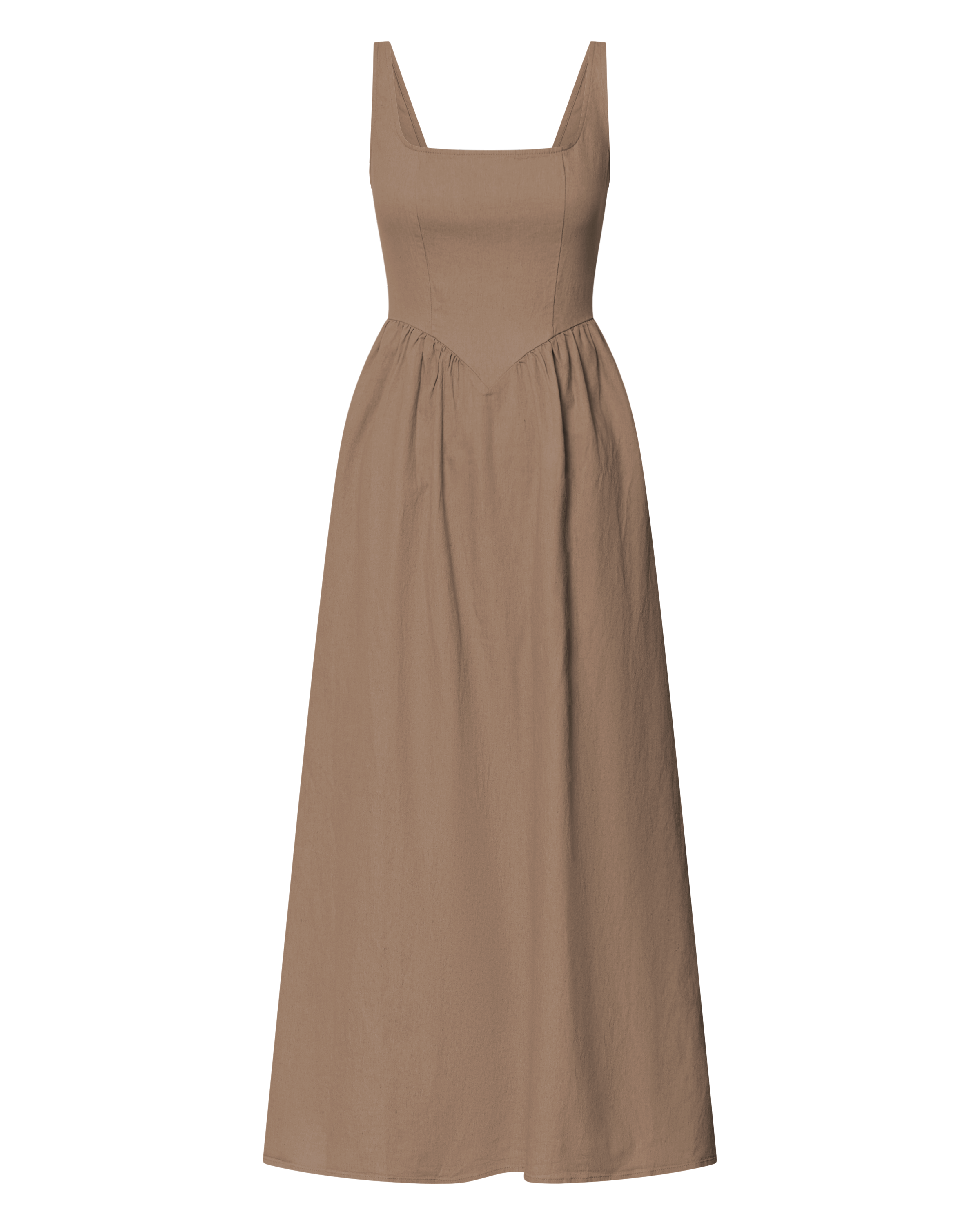 Rhaziya Midi Elbise - Tütün Rengi Kolsuz Düz Yaka Fit & Flare Elbise