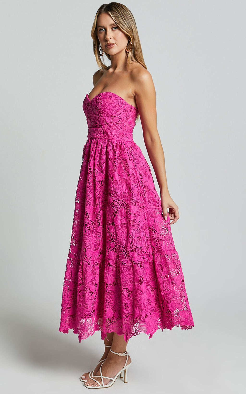 Gabriela Midi Elbise - Magenta Straplez Dantel Elbise