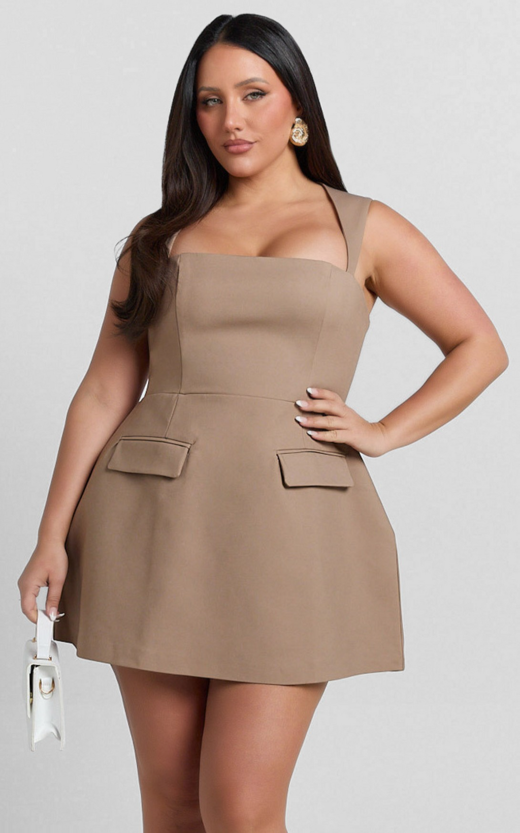 Garrett Mini Elbise - Mocha Kare Yaka Fit & Flare Elbise